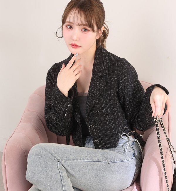  「【premiumorder】サイドベルトツイードショートジャケット」|ダウンベスト・ベスト|