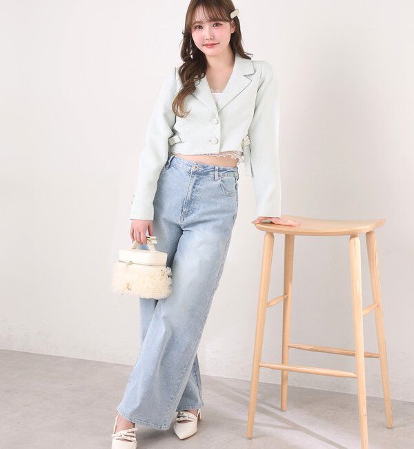  「【premiumorder】サイドベルトツイードショートジャケット」|ダウンベスト・ベスト|