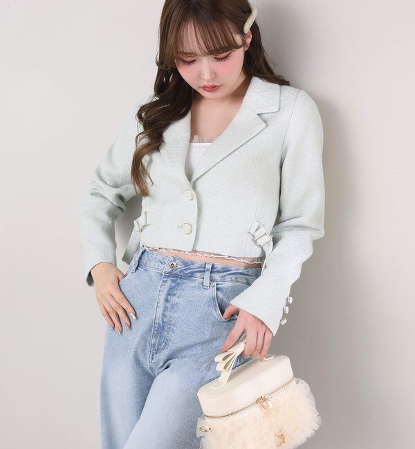  「【premiumorder】サイドベルトツイードショートジャケット」|ダウンベスト・ベスト|