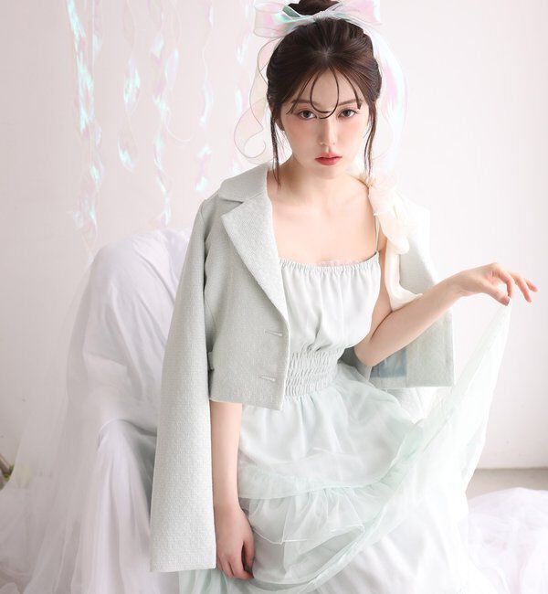  「【premiumorder】サイドベルトツイードショートジャケット」|ダウンベスト・ベスト|