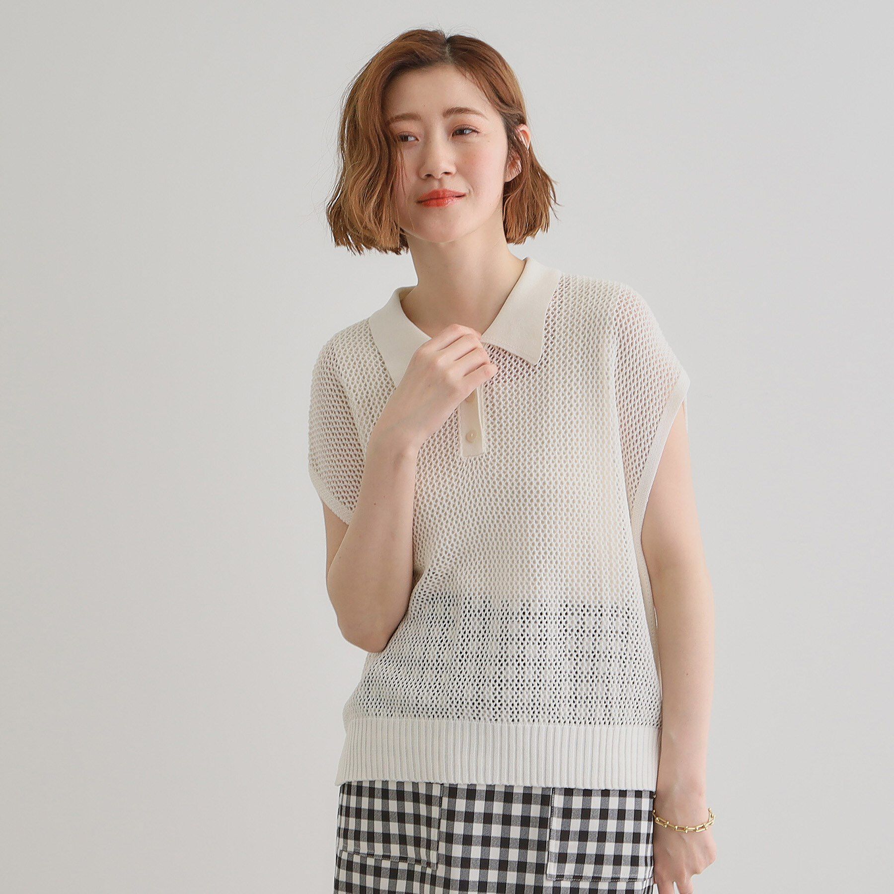 grove「取り入れるだけで旬顔 メッシュ編みポロニット」|ニット・セーター|