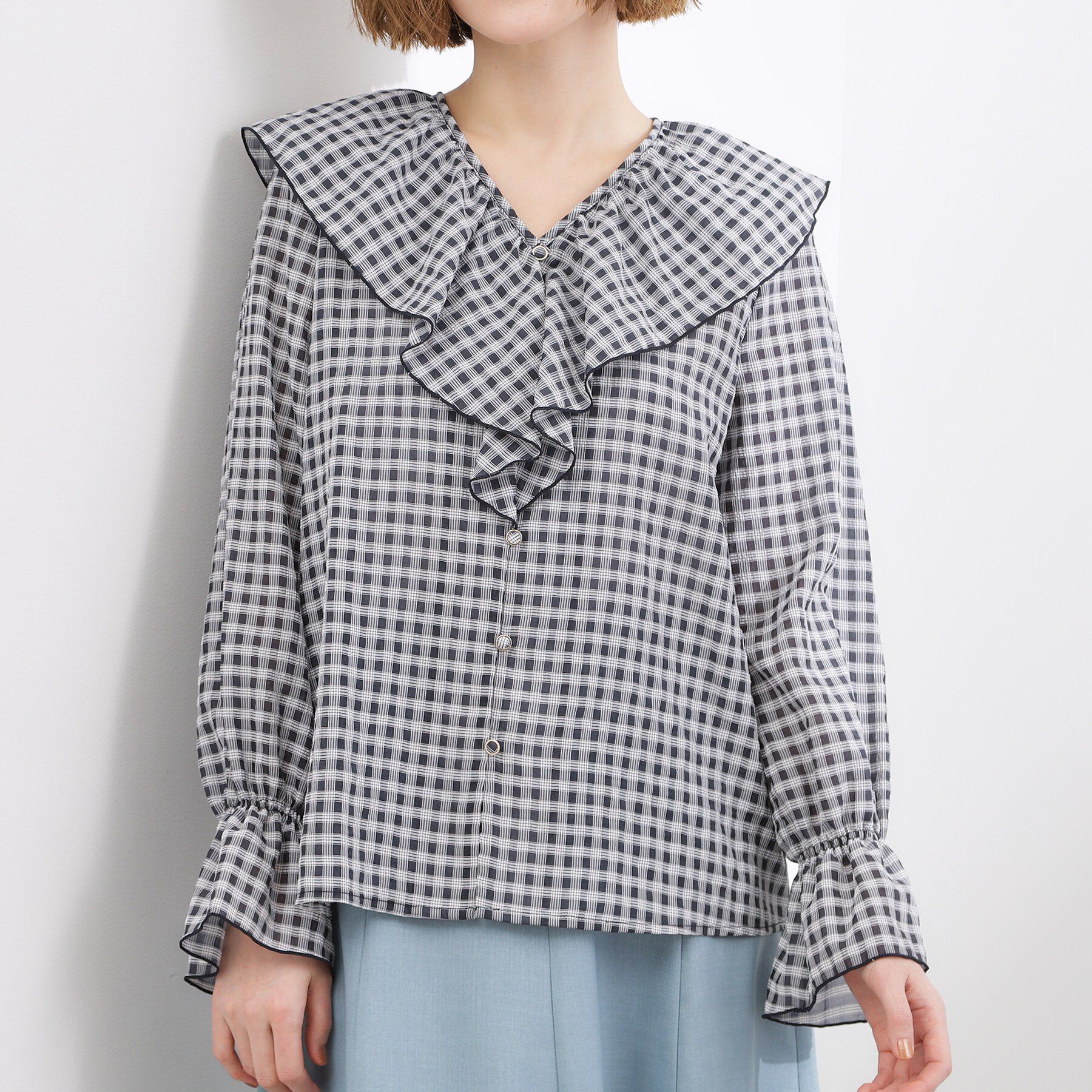 grove「大人の華やぎチェックフリルブラウス」|シャツ・ブラウス|