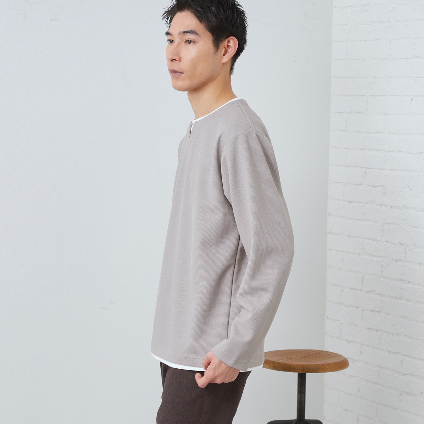 THE SHOP TK「【1枚で手抜きに見えない】キーネック フェイクレイヤード長袖Tシャツ」|Tシャツ・カットソー|