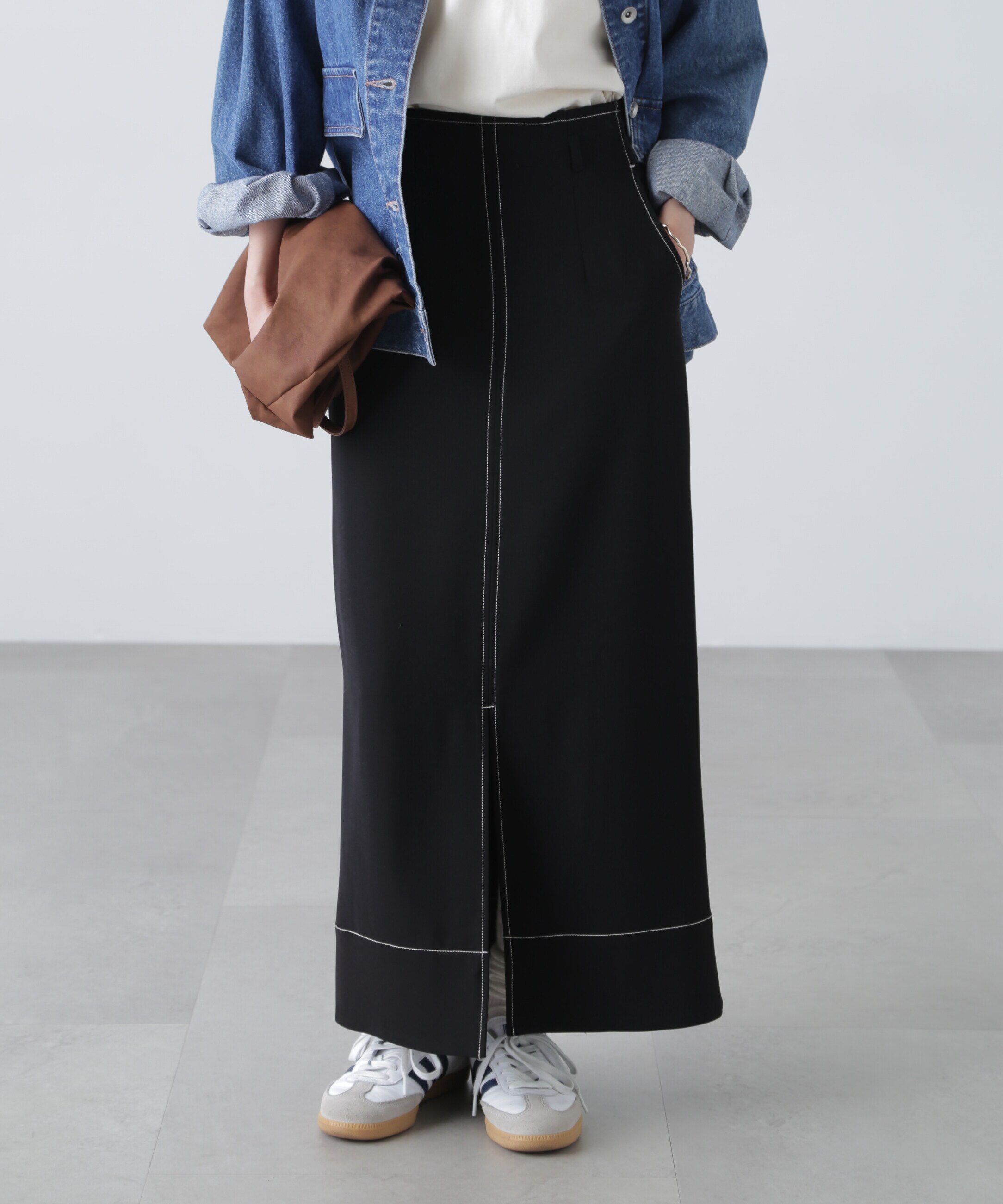  「配色ステッチハイウエストナロースカート」|スカート|ブラック