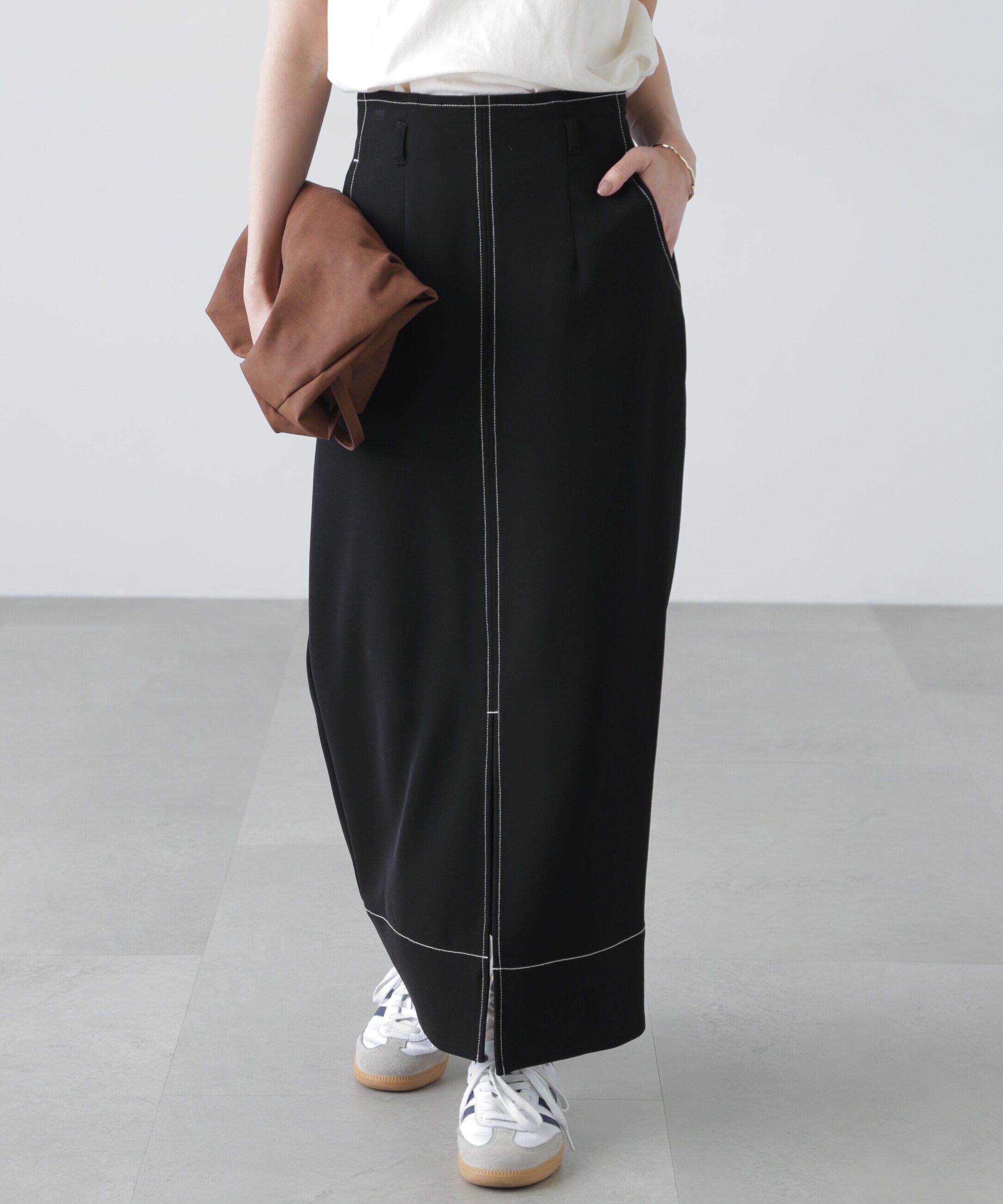  「配色ステッチハイウエストナロースカート」|スカート|