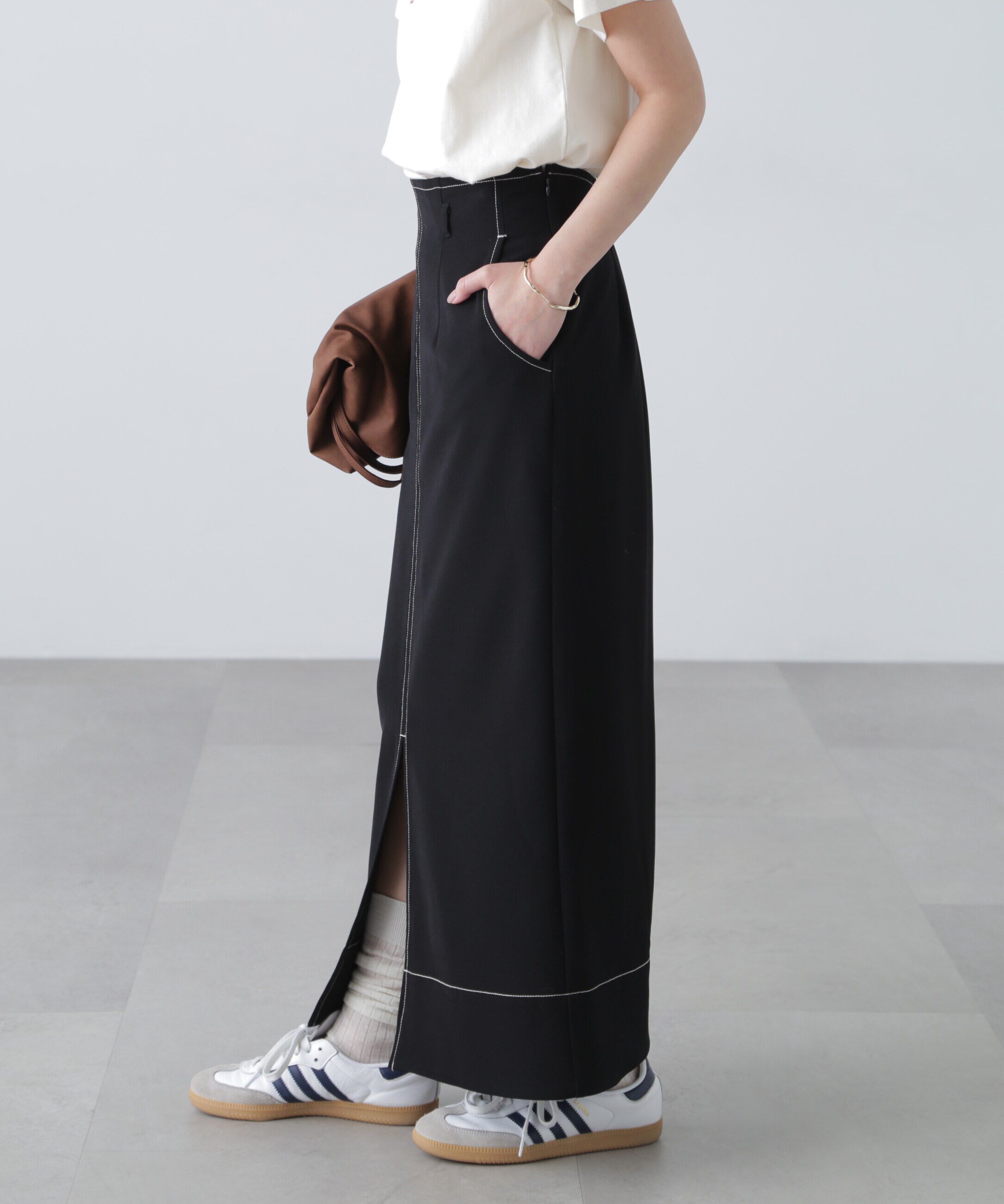  「配色ステッチハイウエストナロースカート」|スカート|