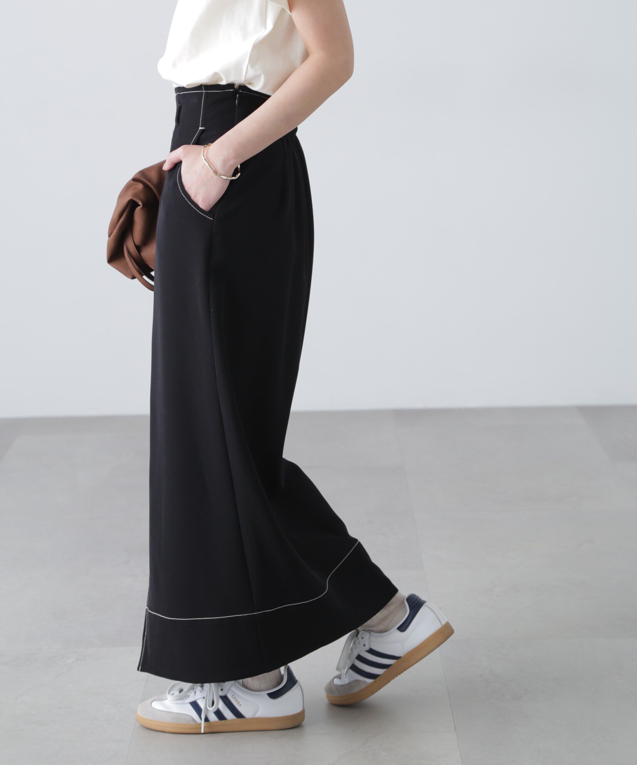  「配色ステッチハイウエストナロースカート」|スカート|