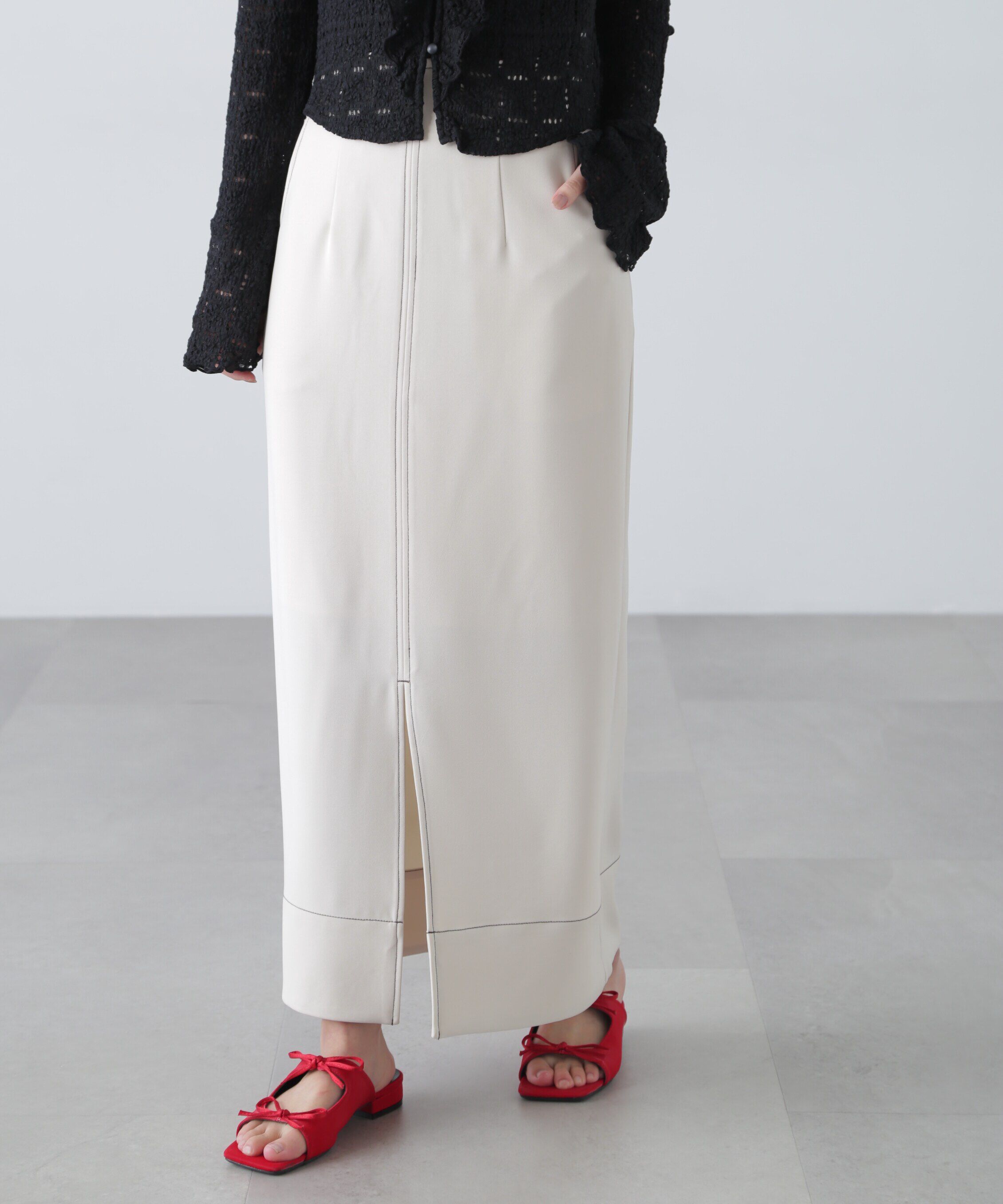  「配色ステッチハイウエストナロースカート」|スカート|