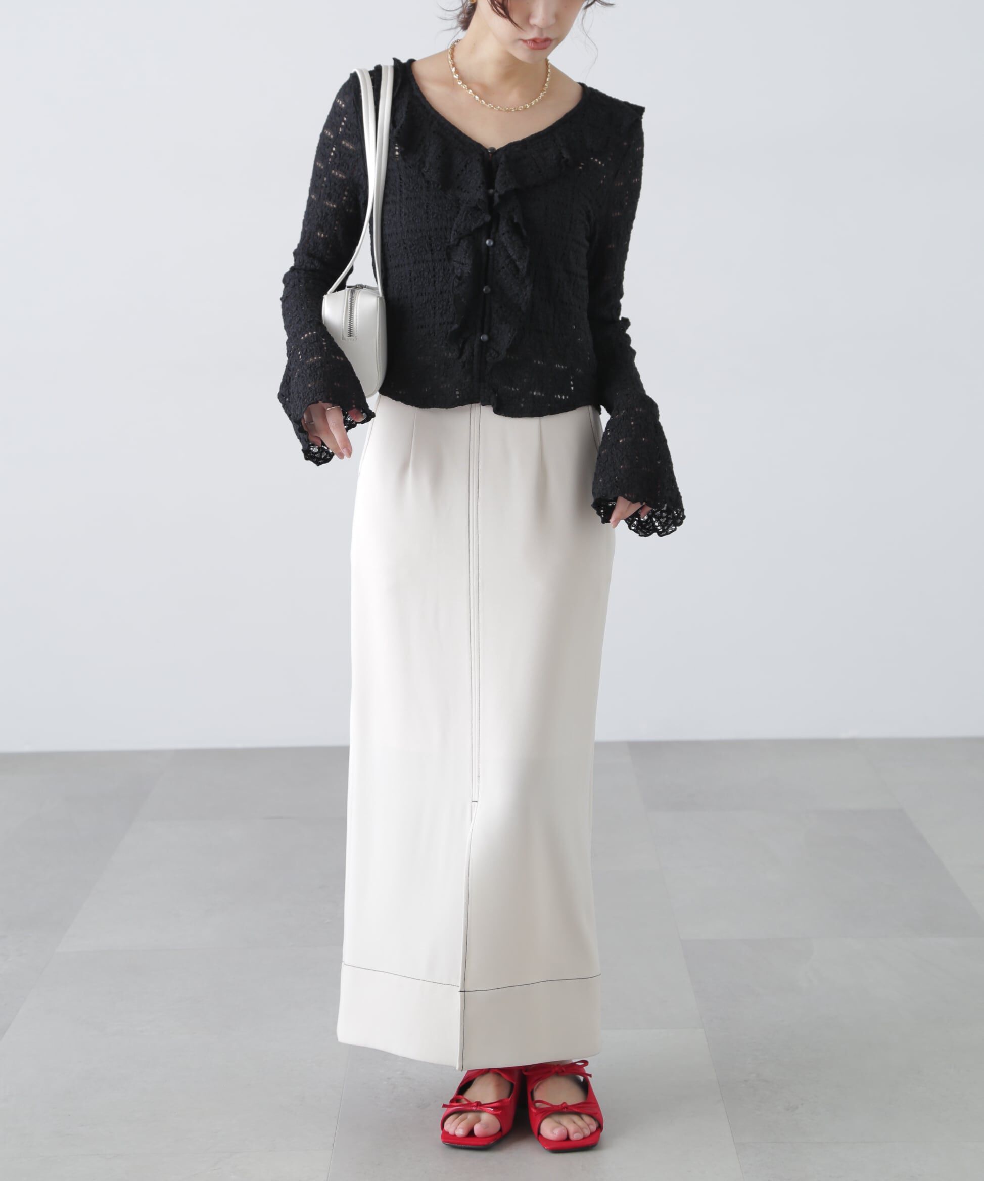  「配色ステッチハイウエストナロースカート」|スカート|