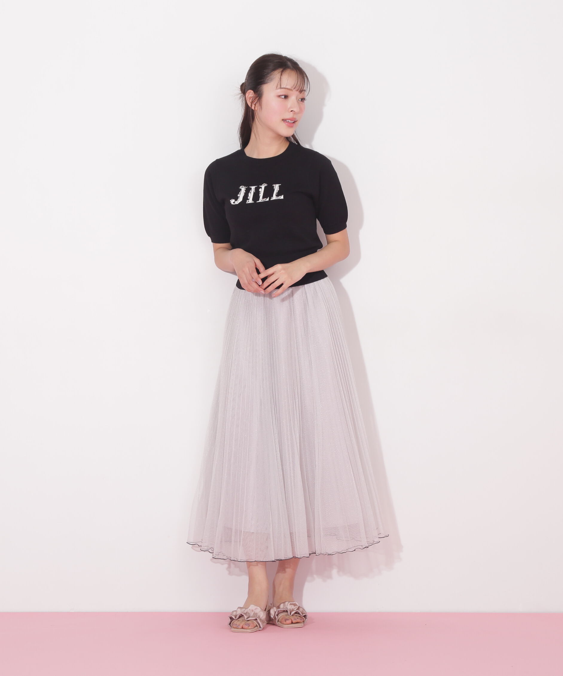  「半袖ロゴジャカードビジューニット」|ニット・セーター|