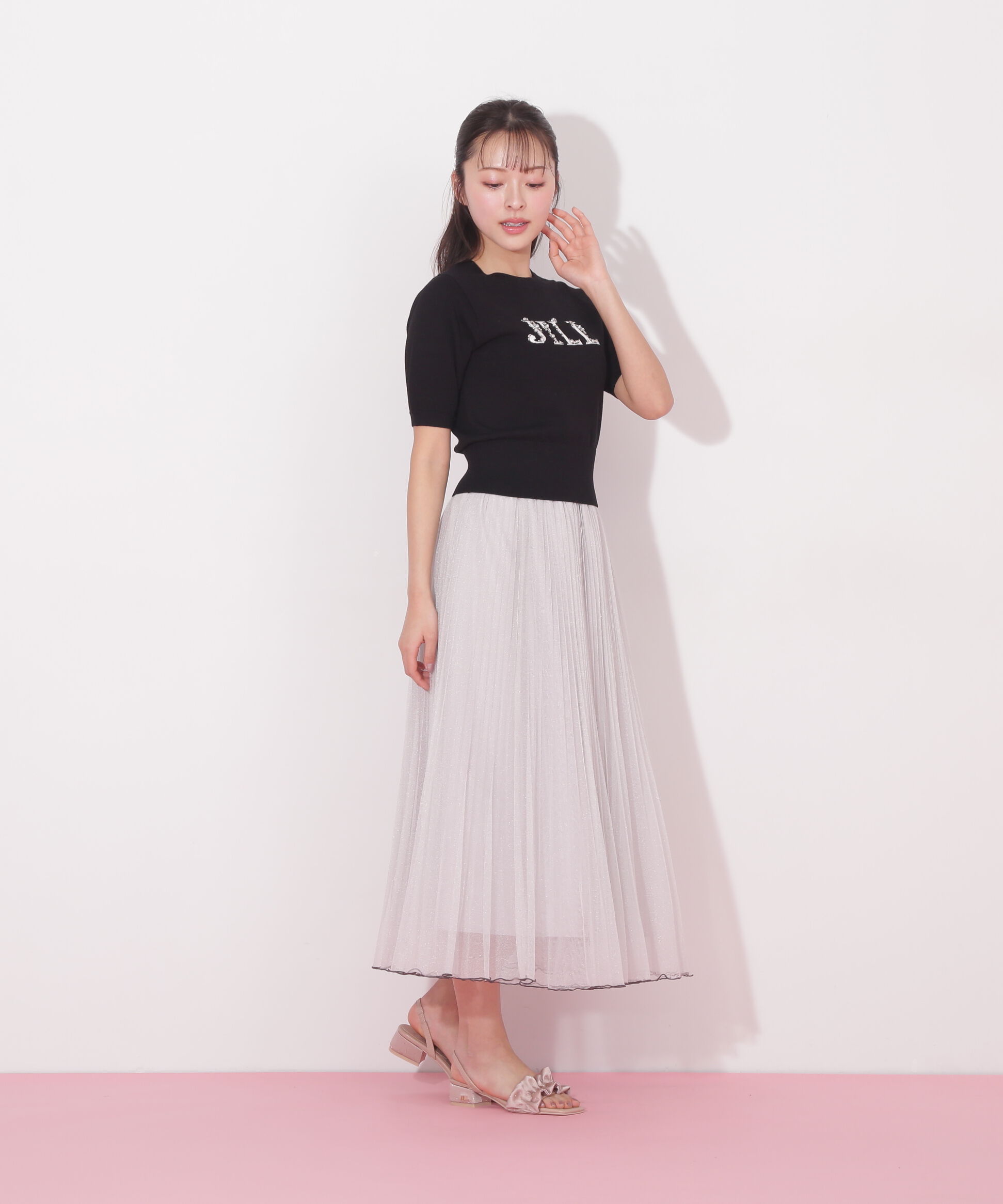  「半袖ロゴジャカードビジューニット」|ニット・セーター|