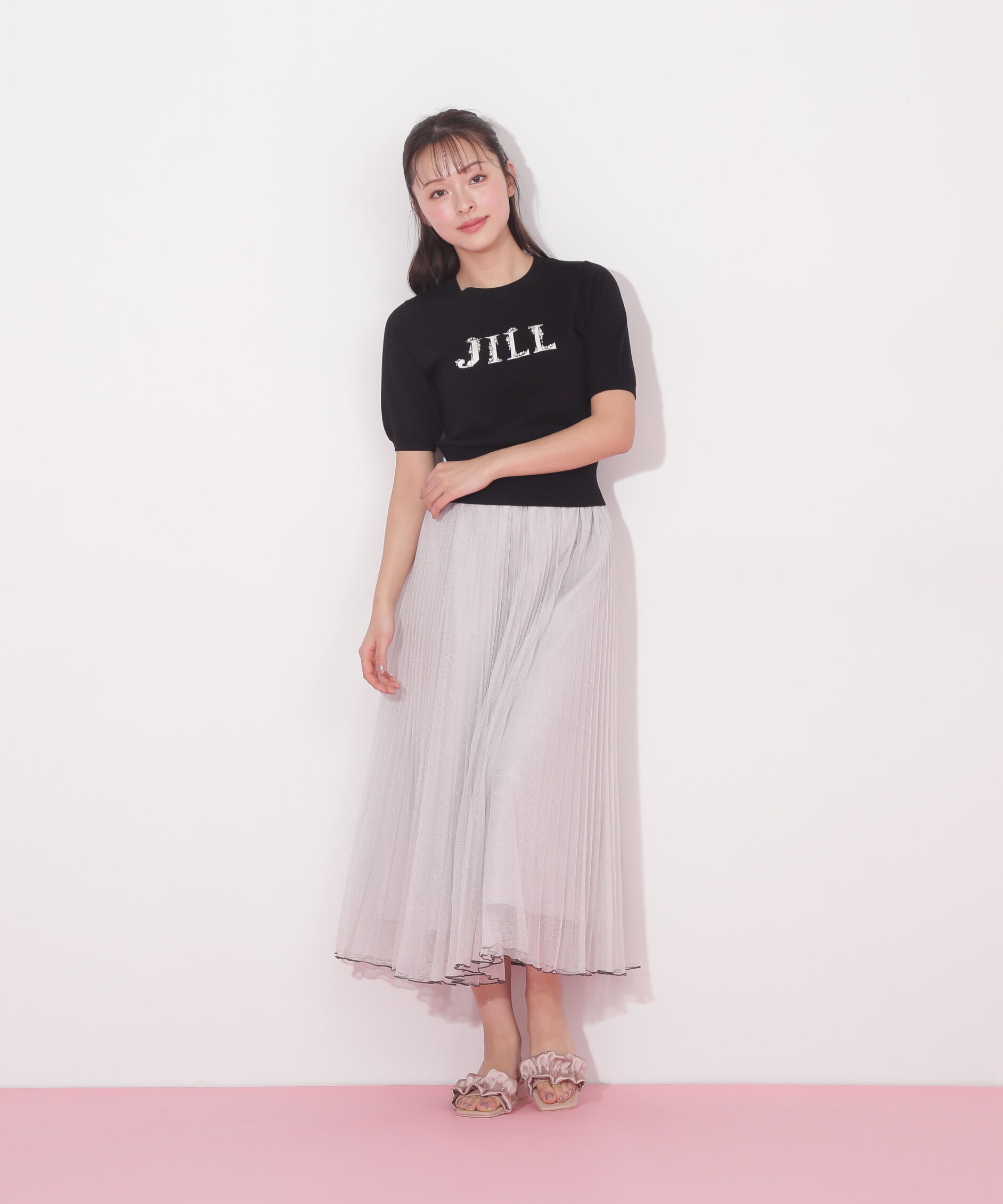  「半袖ロゴジャカードビジューニット」|ニット・セーター|