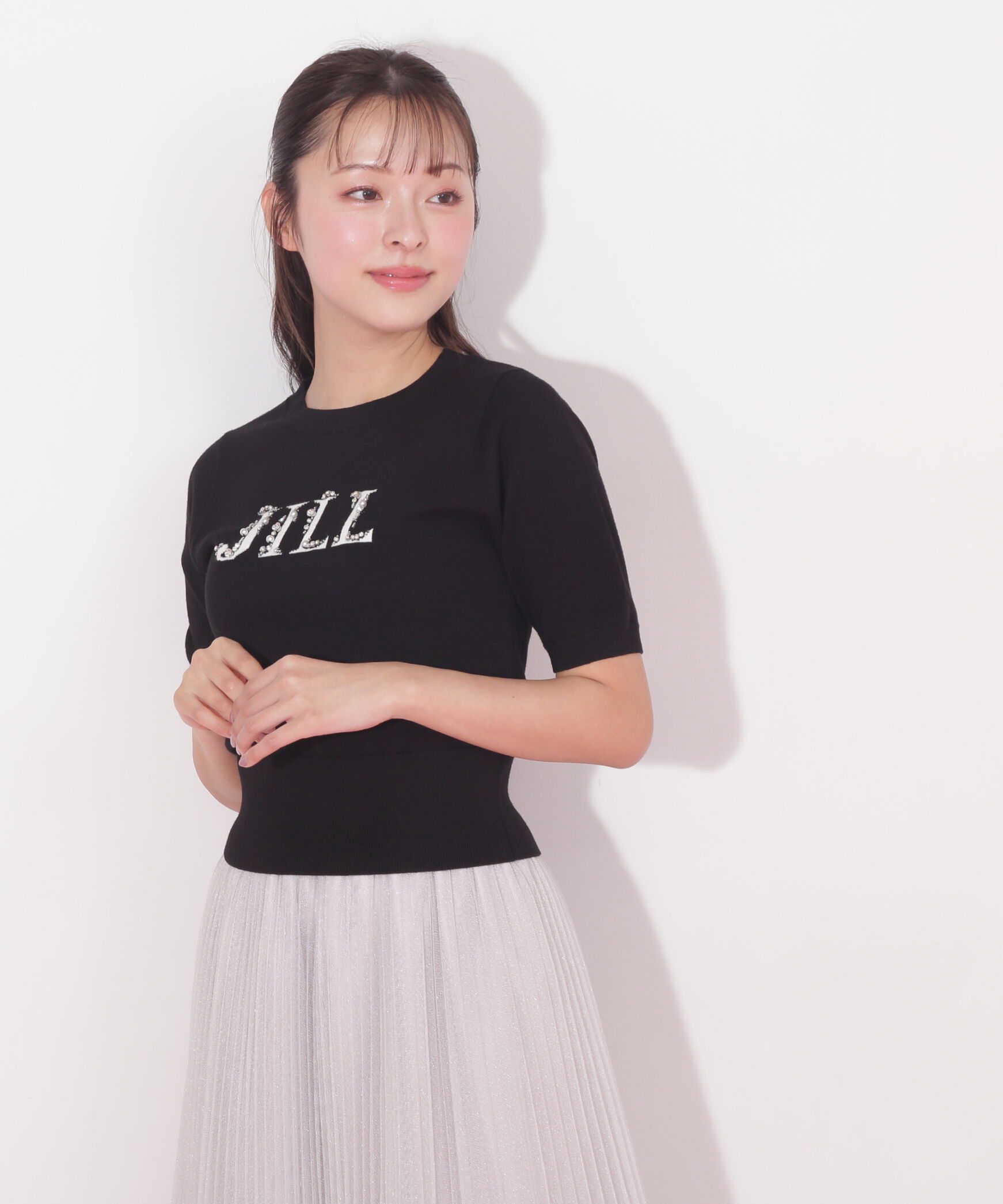  「半袖ロゴジャカードビジューニット」|ニット・セーター|