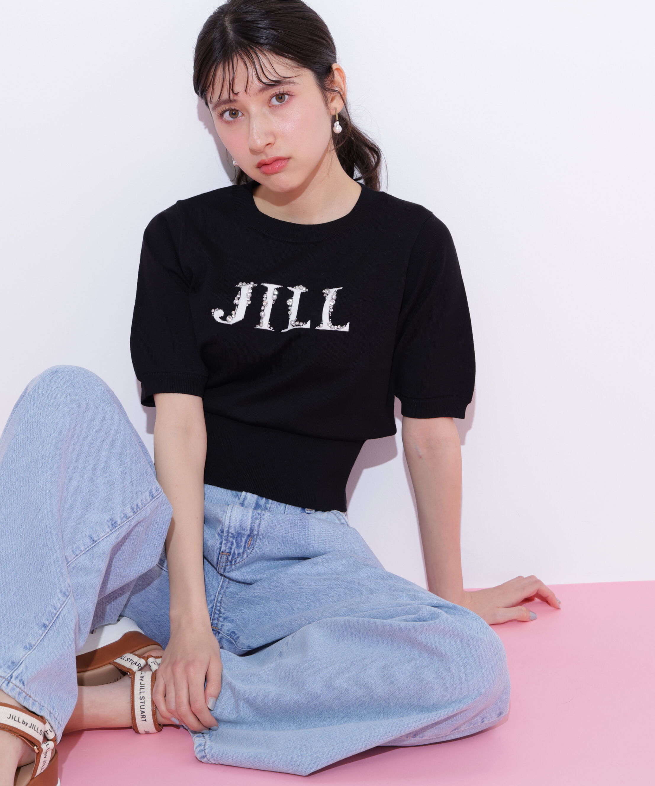  「半袖ロゴジャカードビジューニット」|ニット・セーター|