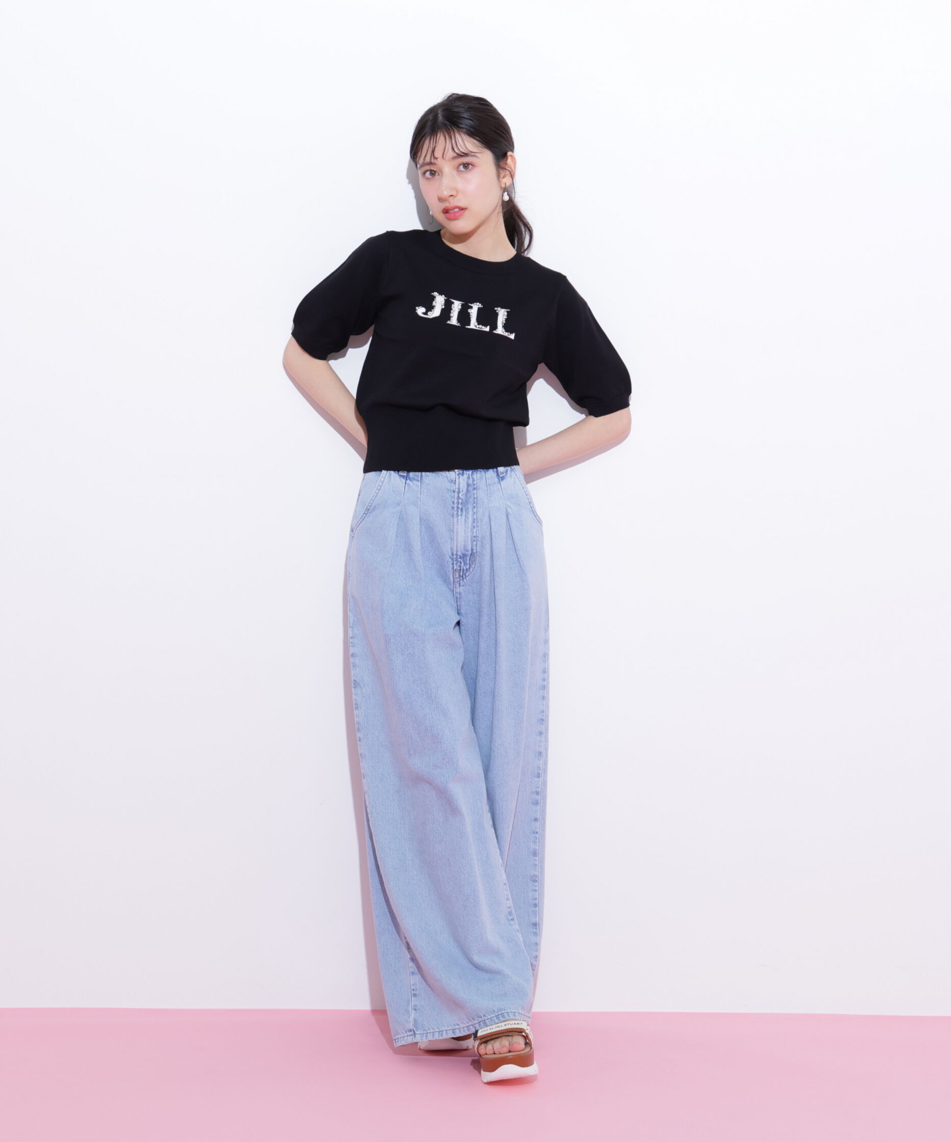  「半袖ロゴジャカードビジューニット」|ニット・セーター|