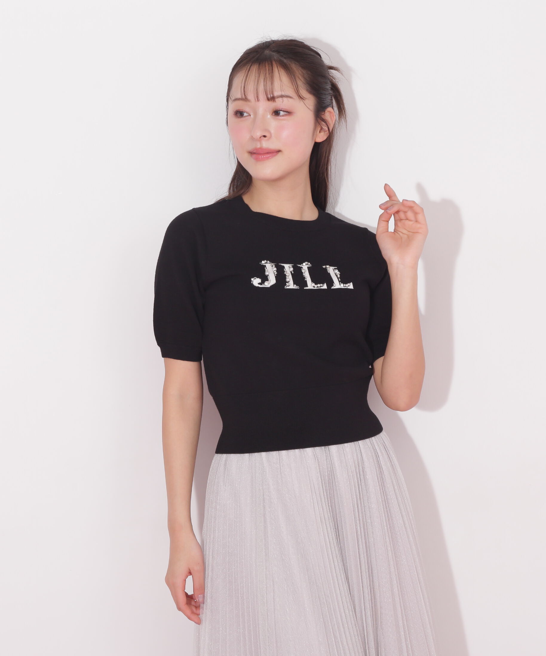  「半袖ロゴジャカードビジューニット」|ニット・セーター|