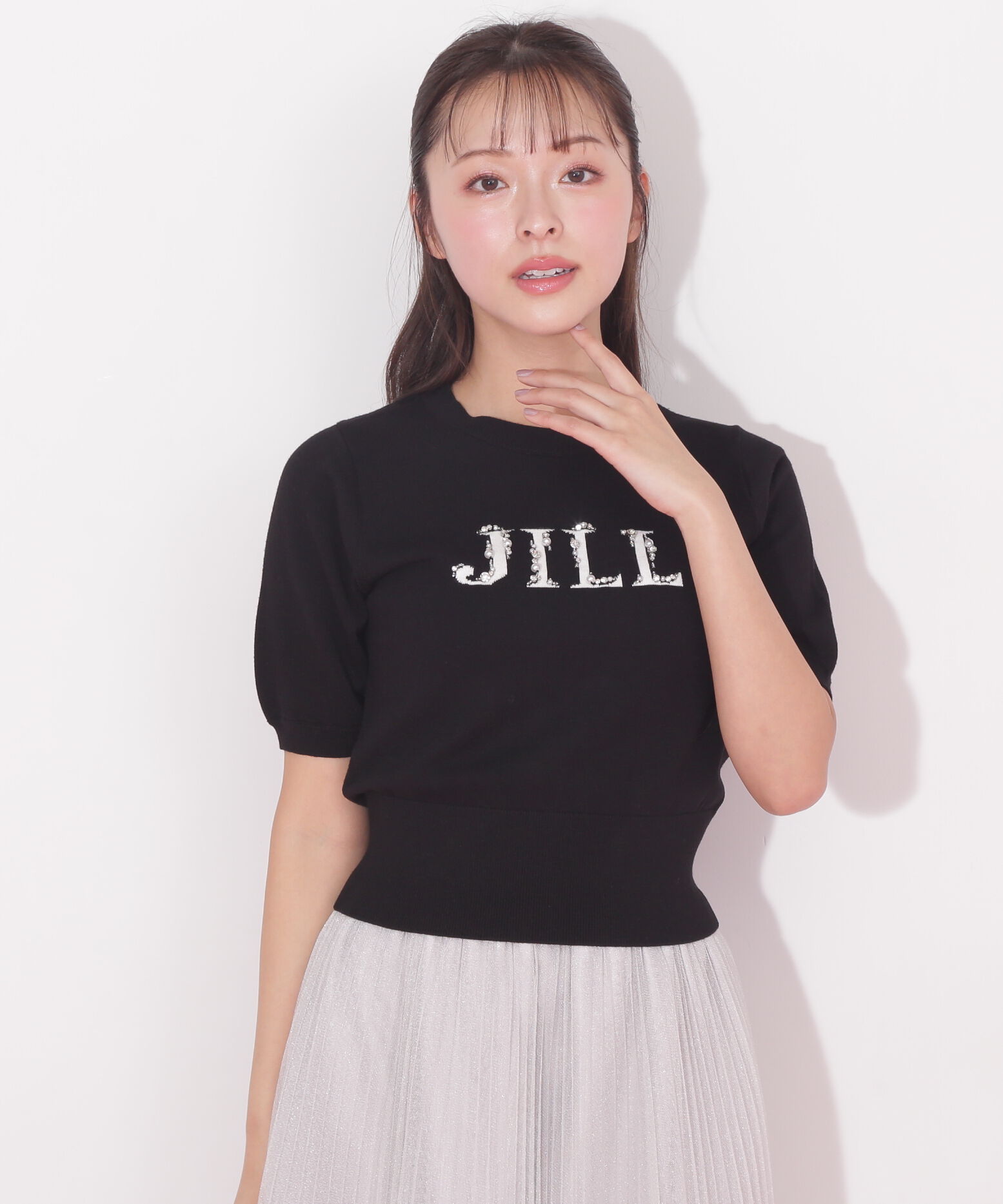  「半袖ロゴジャカードビジューニット」|ニット・セーター|