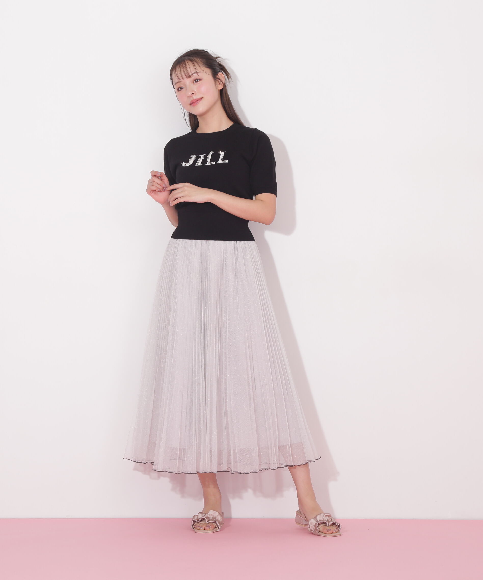  「半袖ロゴジャカードビジューニット」|ニット・セーター|