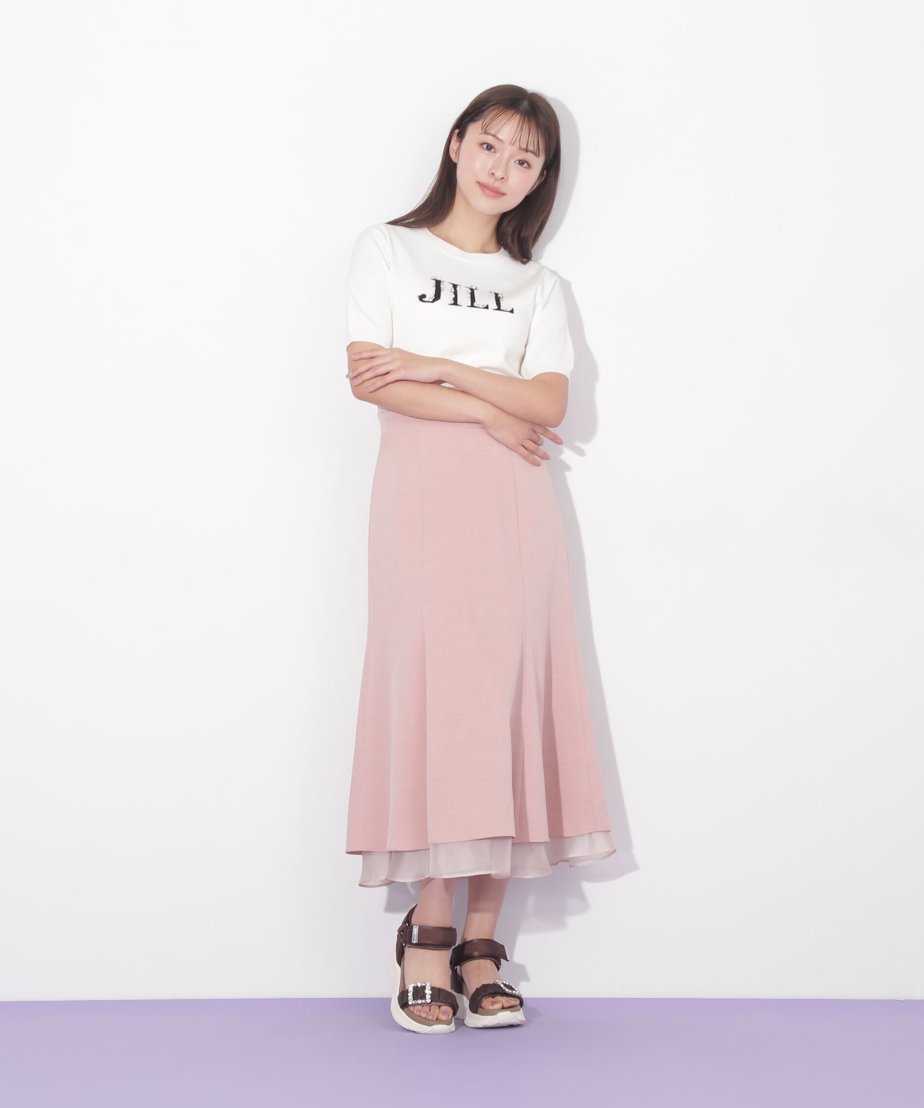  「半袖ロゴジャカードビジューニット」|ニット・セーター|