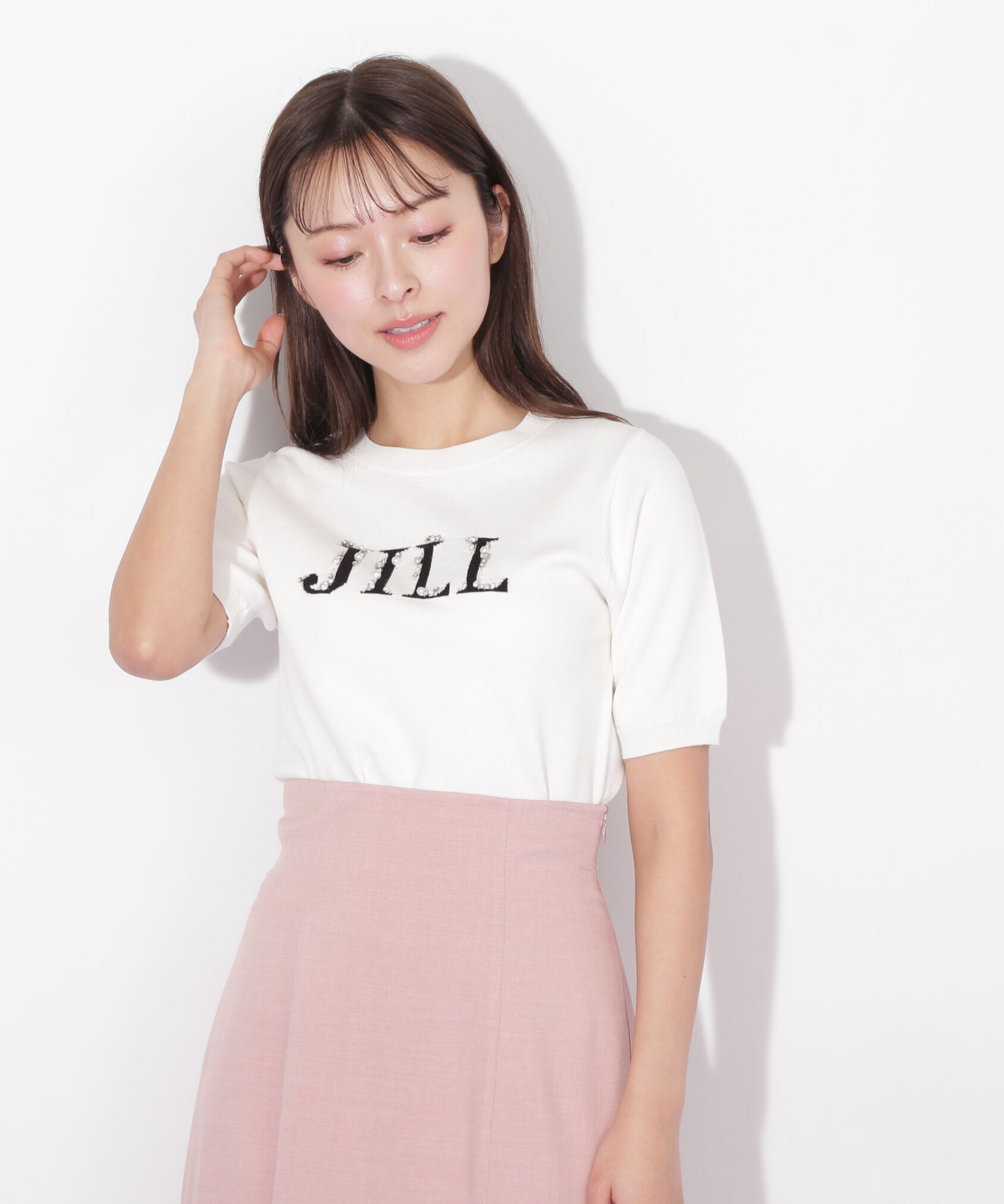  「半袖ロゴジャカードビジューニット」|ニット・セーター|