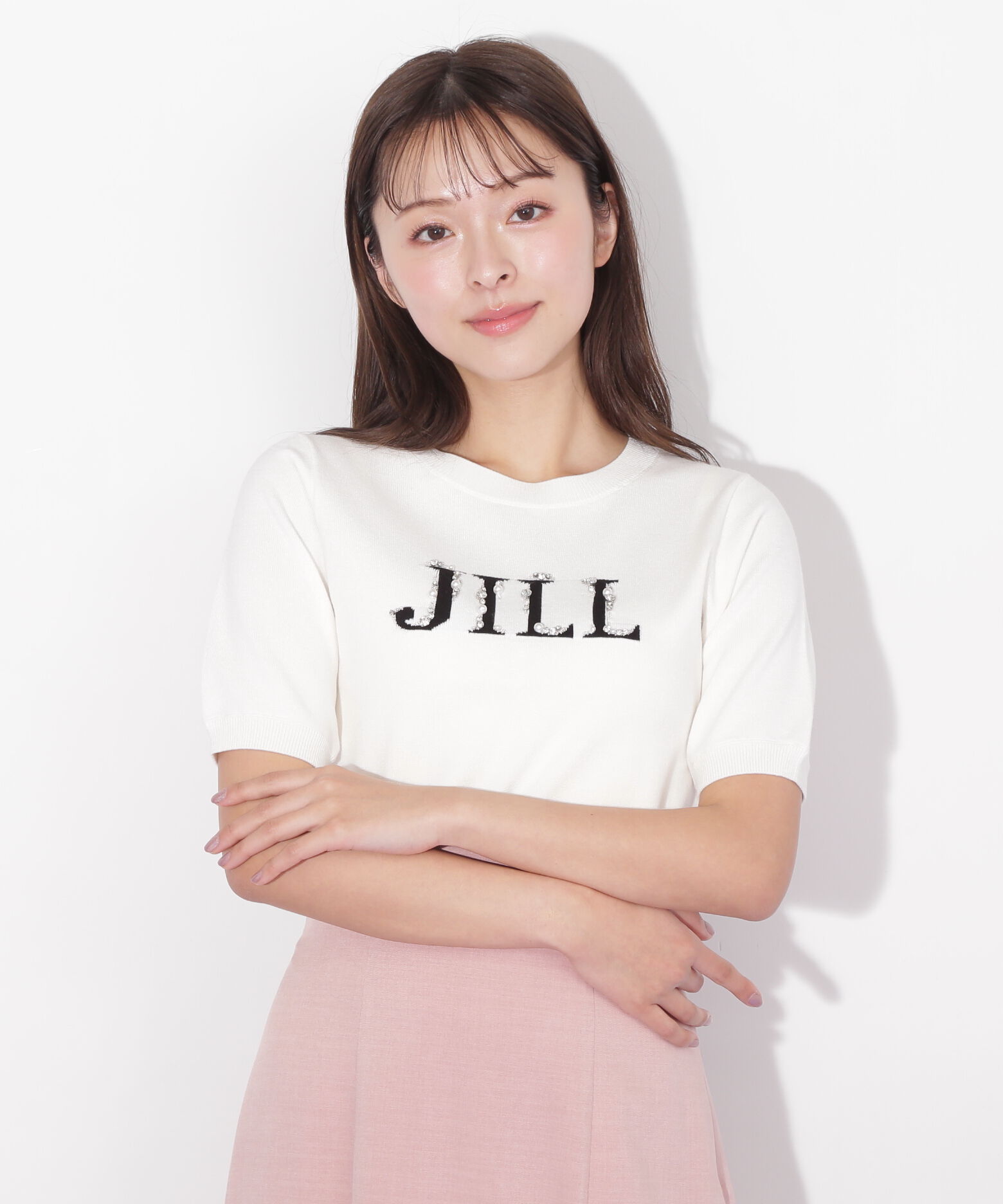  「半袖ロゴジャカードビジューニット」|ニット・セーター|