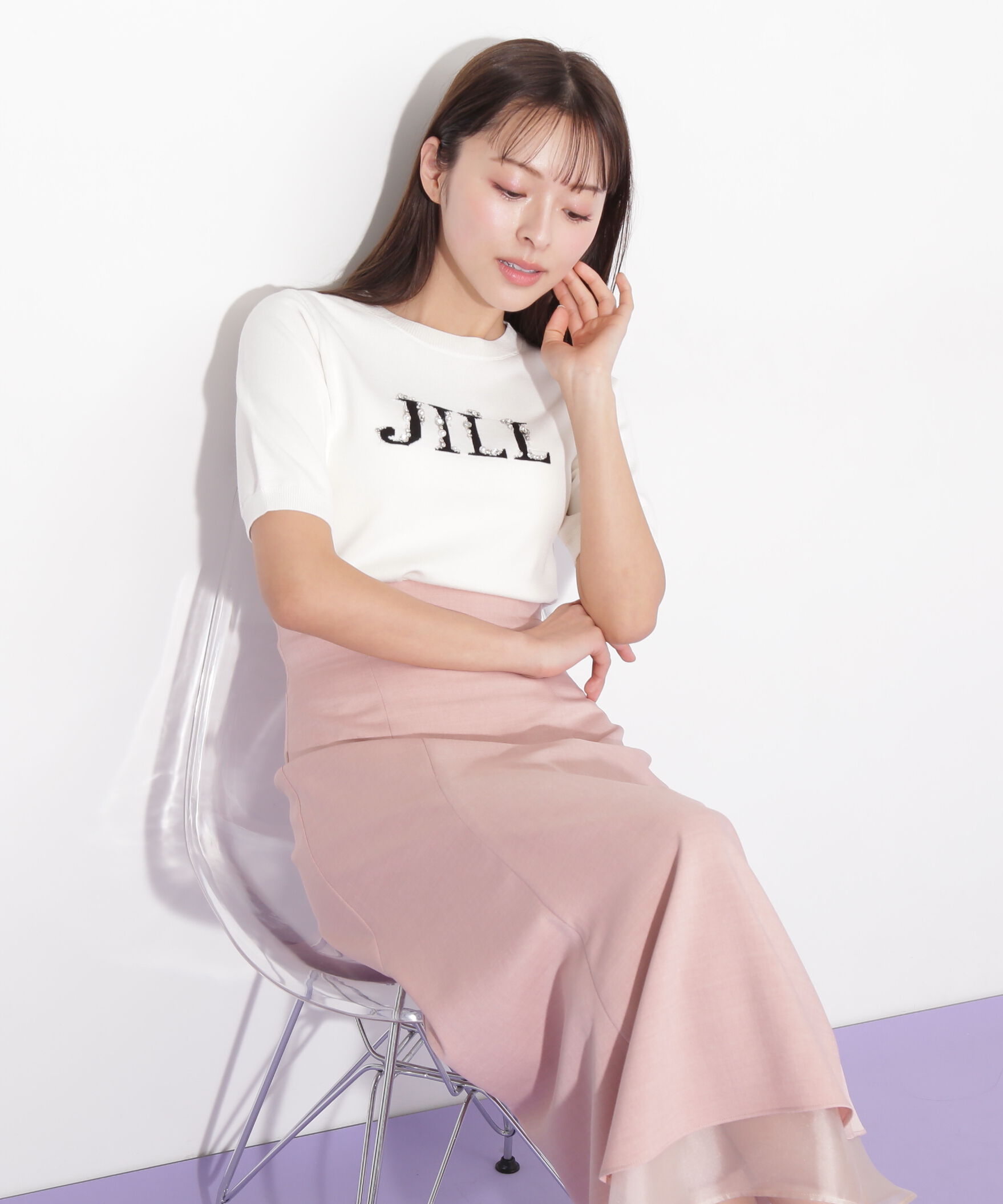  「半袖ロゴジャカードビジューニット」|ニット・セーター|