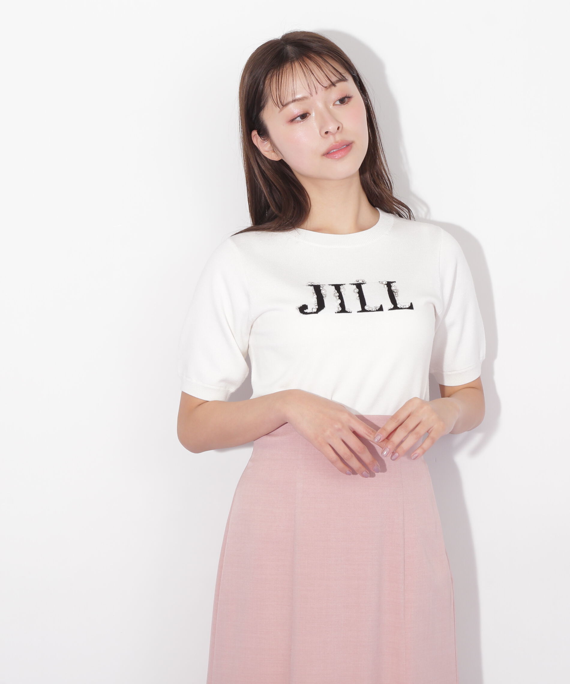  「半袖ロゴジャカードビジューニット」|ニット・セーター|