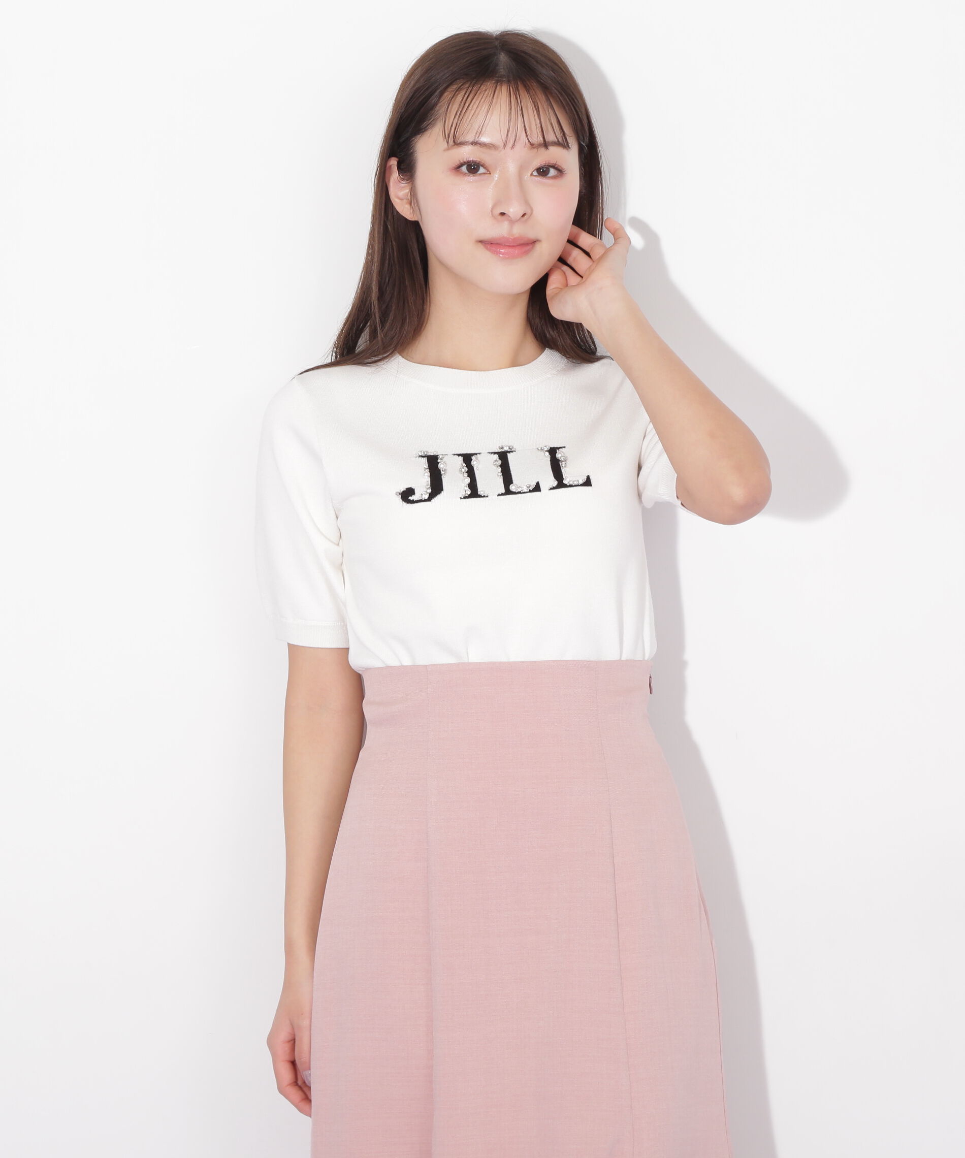  「半袖ロゴジャカードビジューニット」|ニット・セーター|