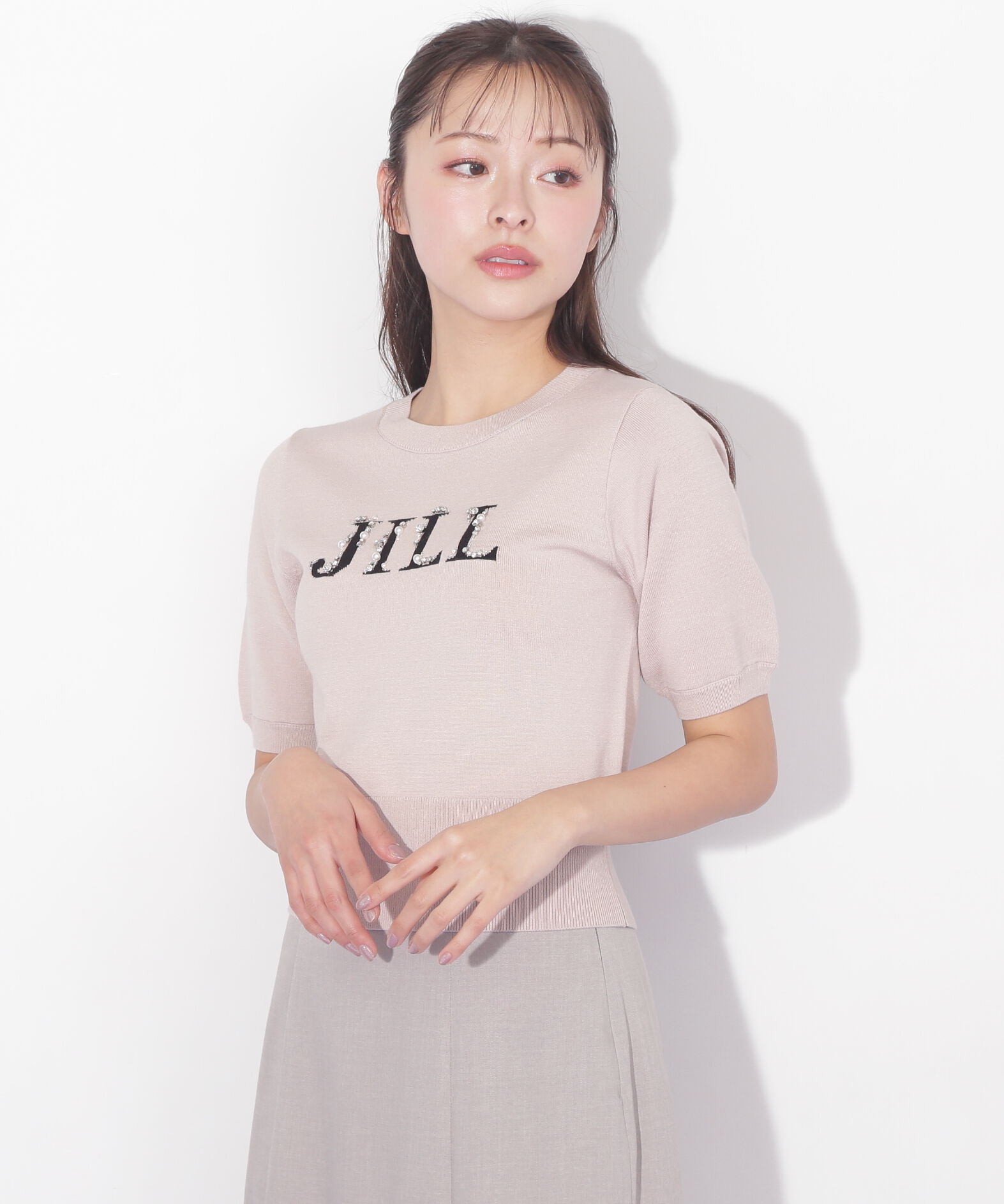  「半袖ロゴジャカードビジューニット」|ニット・セーター|