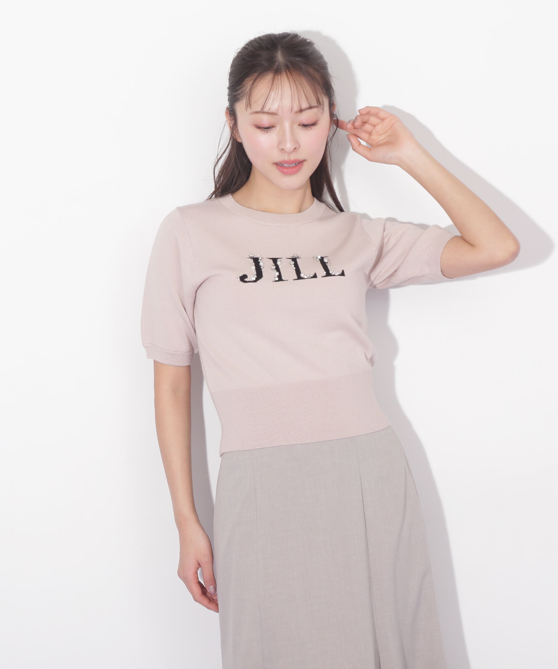  「半袖ロゴジャカードビジューニット」|ニット・セーター|