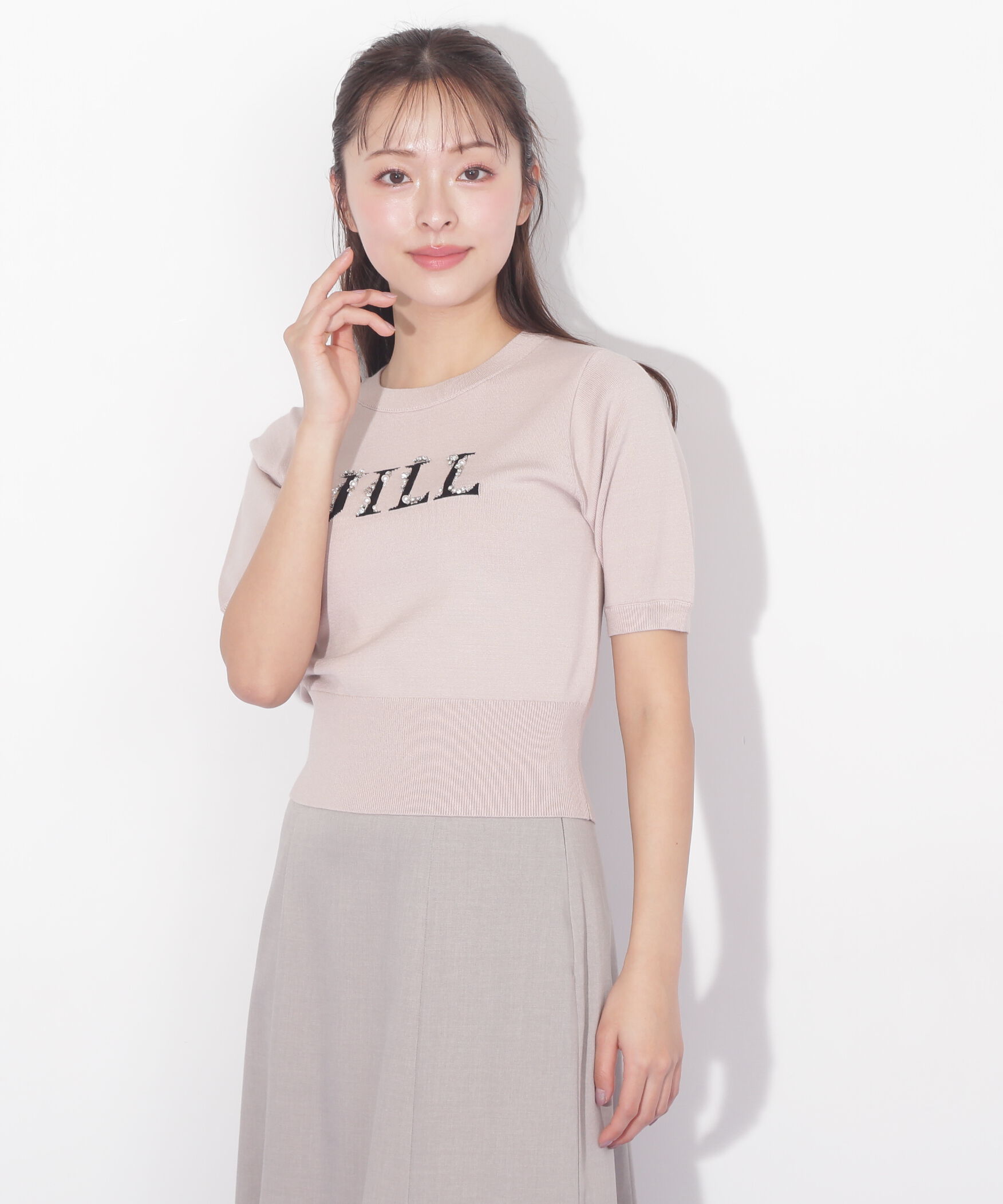  「半袖ロゴジャカードビジューニット」|ニット・セーター|