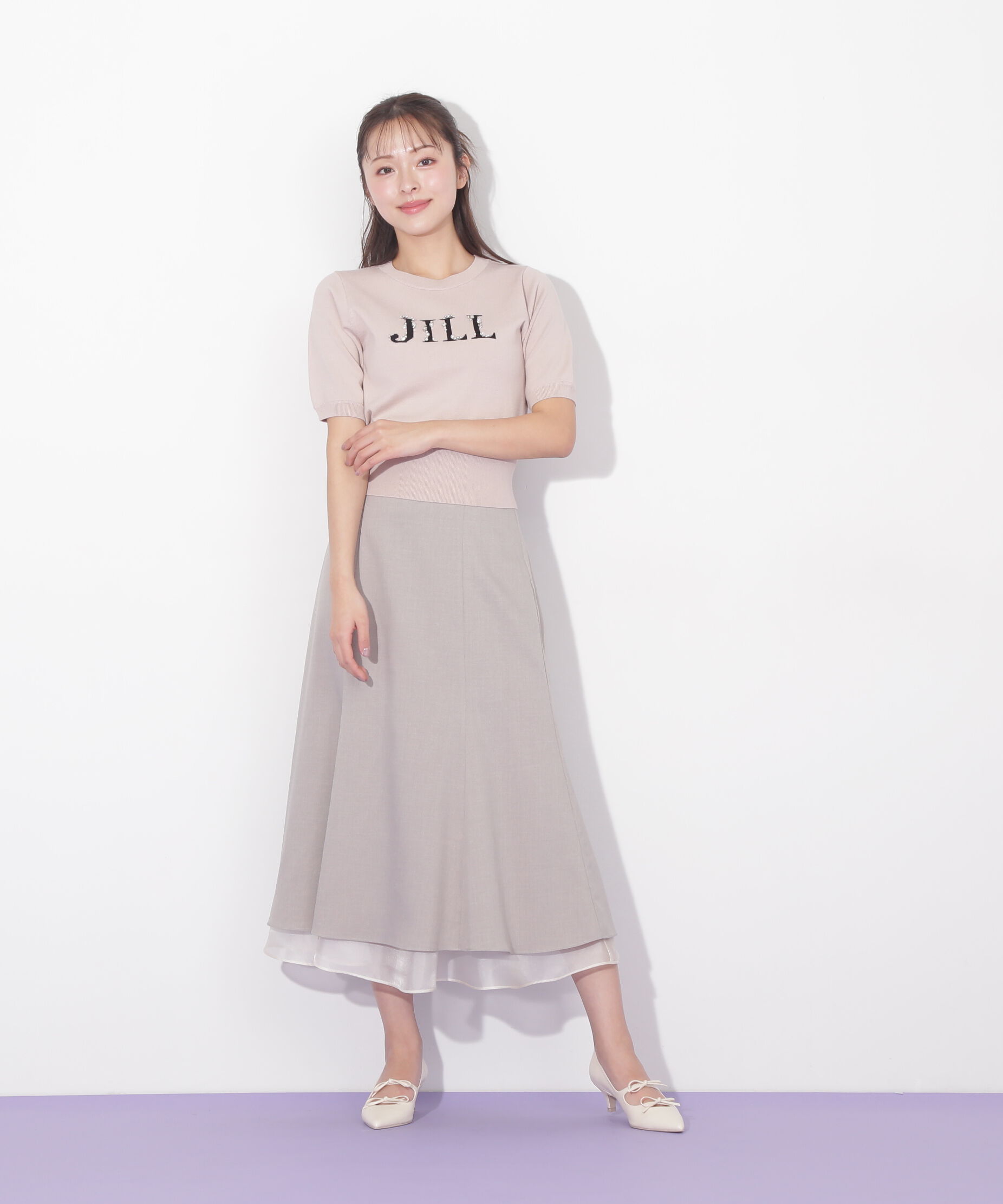  「半袖ロゴジャカードビジューニット」|ニット・セーター|