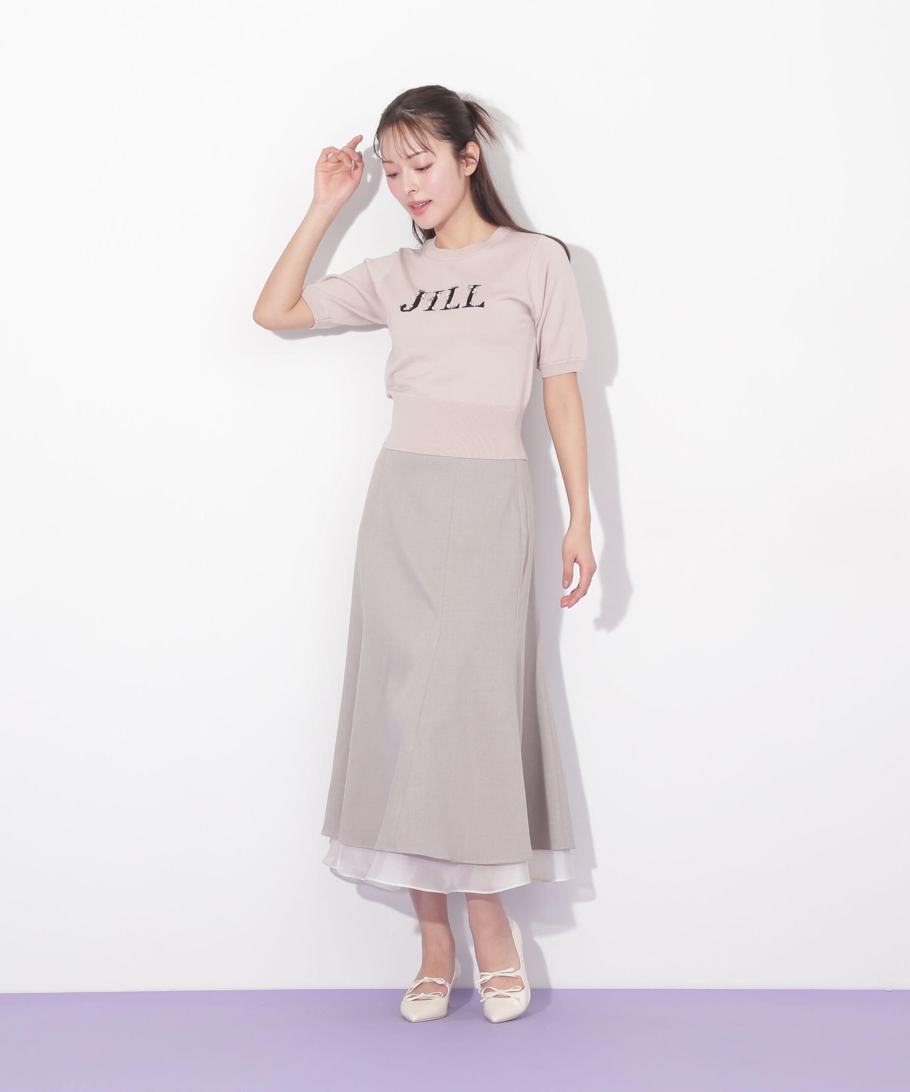  「半袖ロゴジャカードビジューニット」|ニット・セーター|