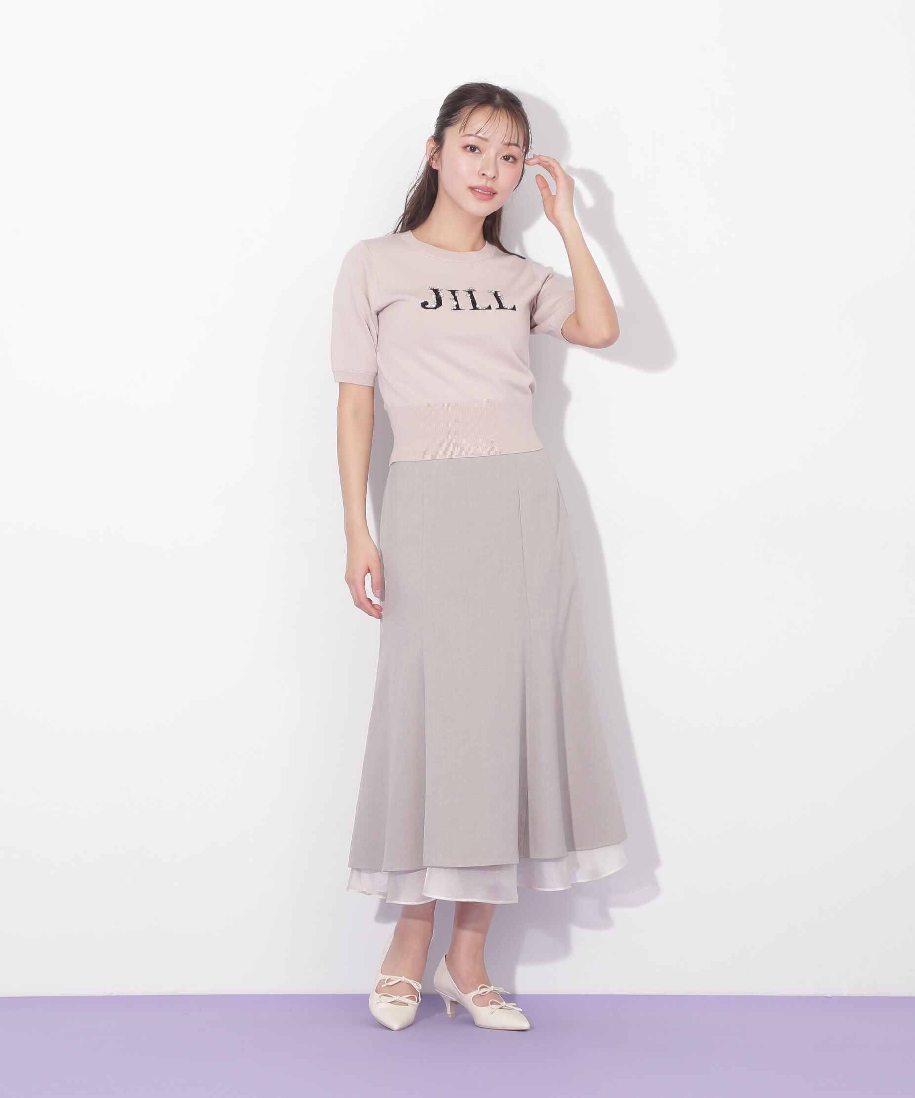  「半袖ロゴジャカードビジューニット」|ニット・セーター|