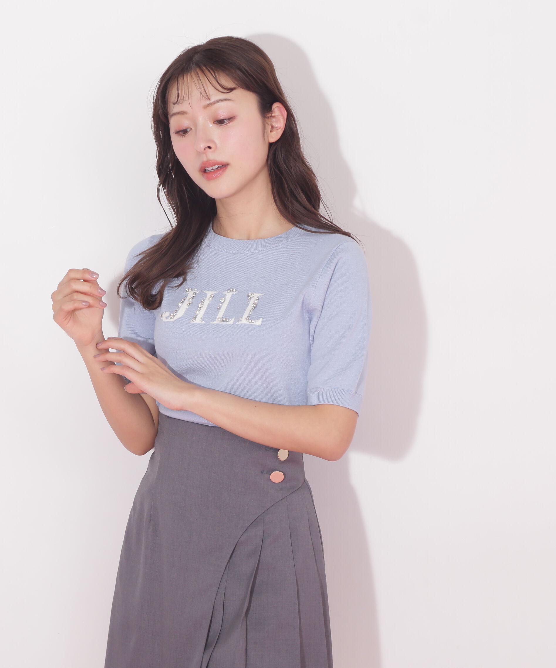  「半袖ロゴジャカードビジューニット」|ニット・セーター|