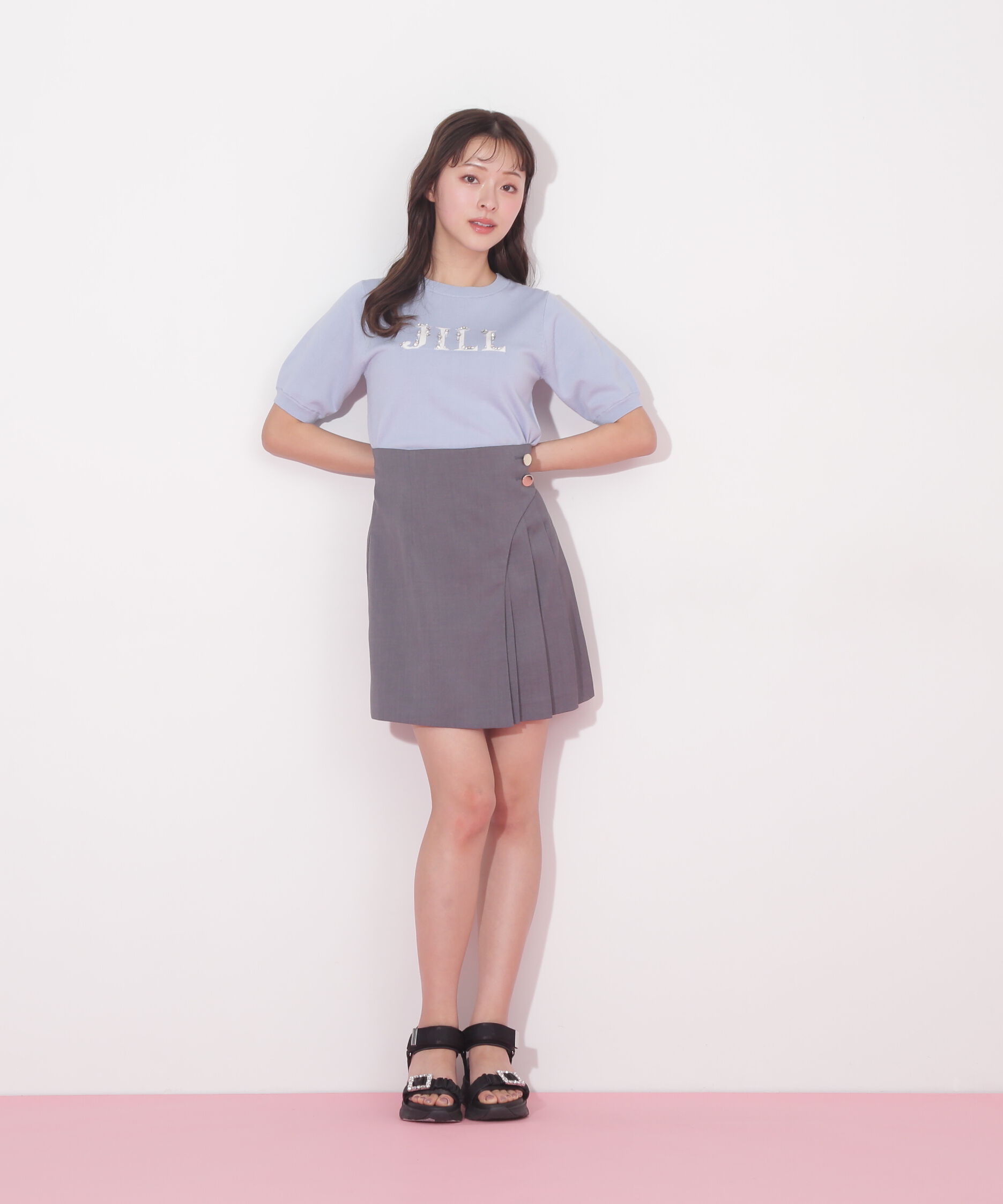  「半袖ロゴジャカードビジューニット」|ニット・セーター|