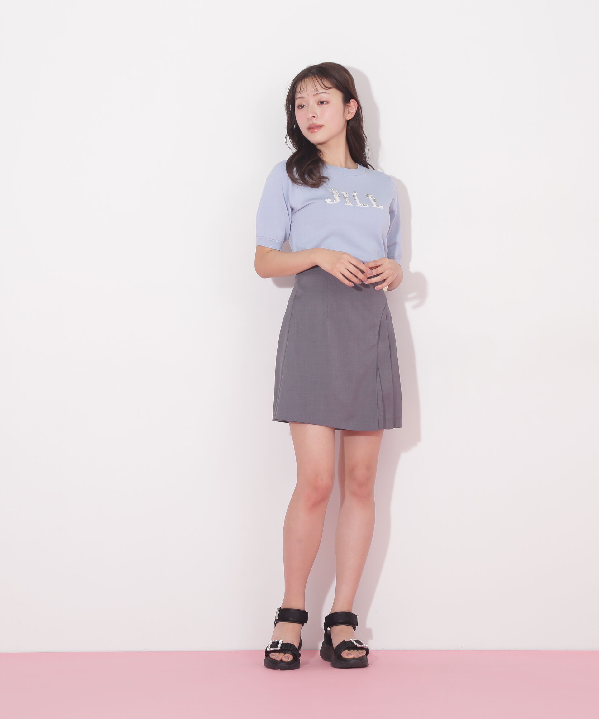  「半袖ロゴジャカードビジューニット」|ニット・セーター|