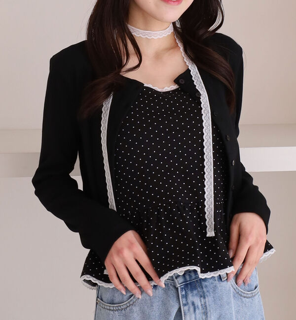 archives「チョーカー付ドットアソートフリルカットアンサンブル」|カーディガン|BLACK