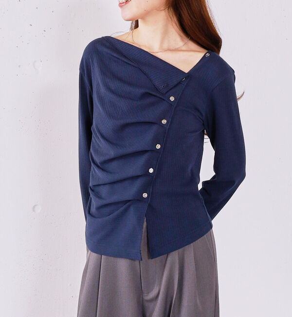 archives「【ＯＮかわ】２ｗａｙアシメボタンカットＴＯＰＳ」|Tシャツ・カットソー|NAVY