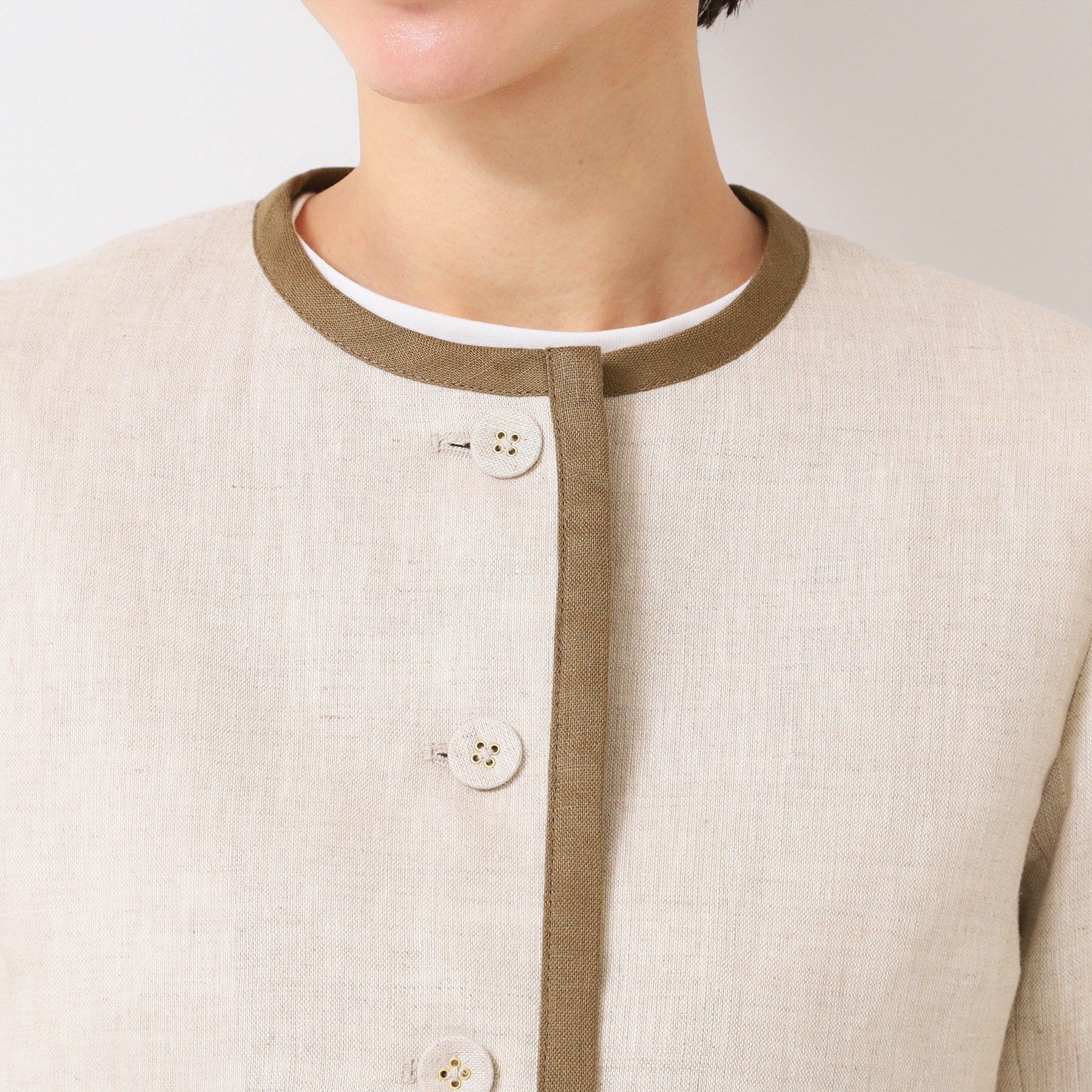 Dessin「【セットアップ可能・洗える】配色クルーネック麻ジャケット」|ノーカラージャケット|