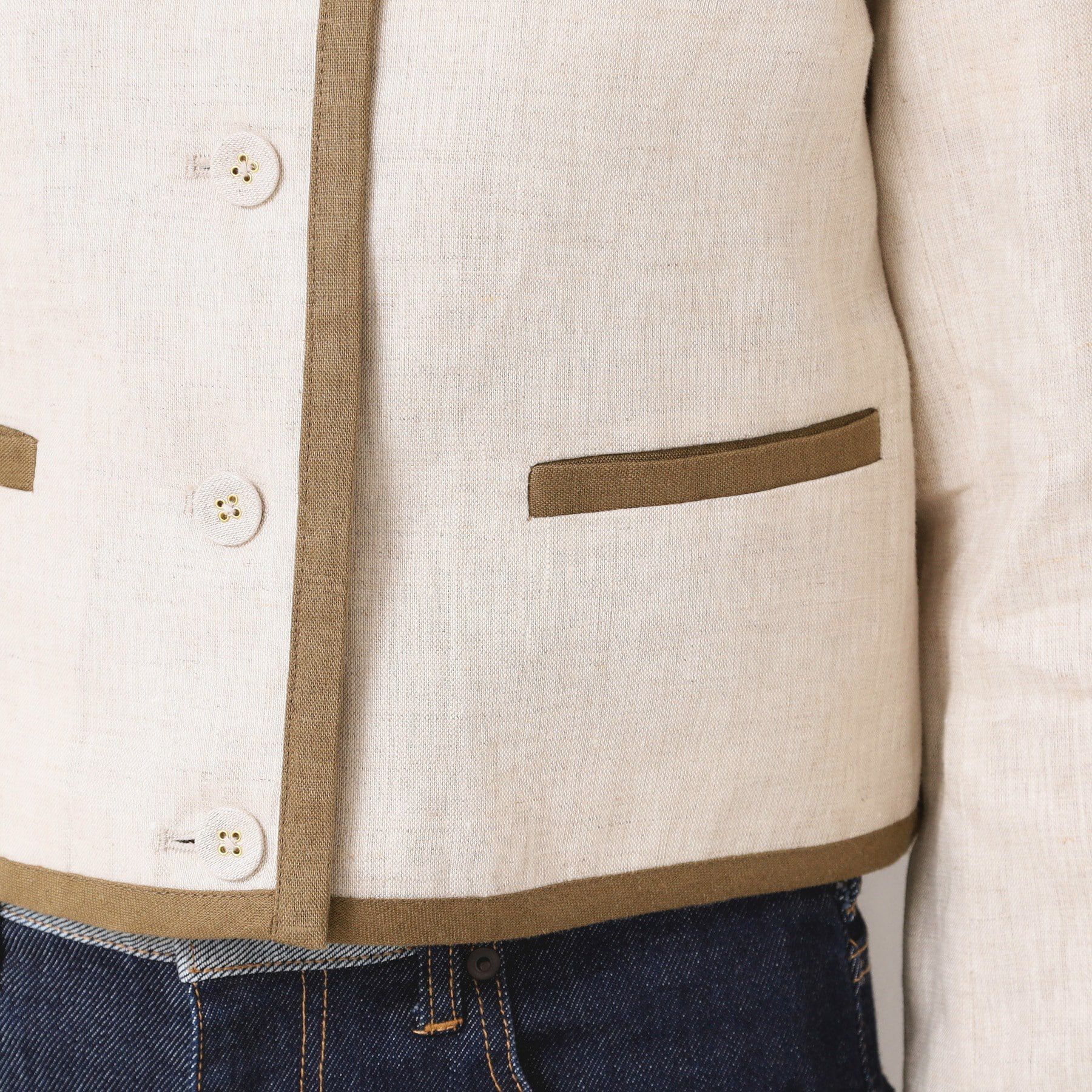 Dessin「【セットアップ可能・洗える】配色クルーネック麻ジャケット」|ノーカラージャケット|