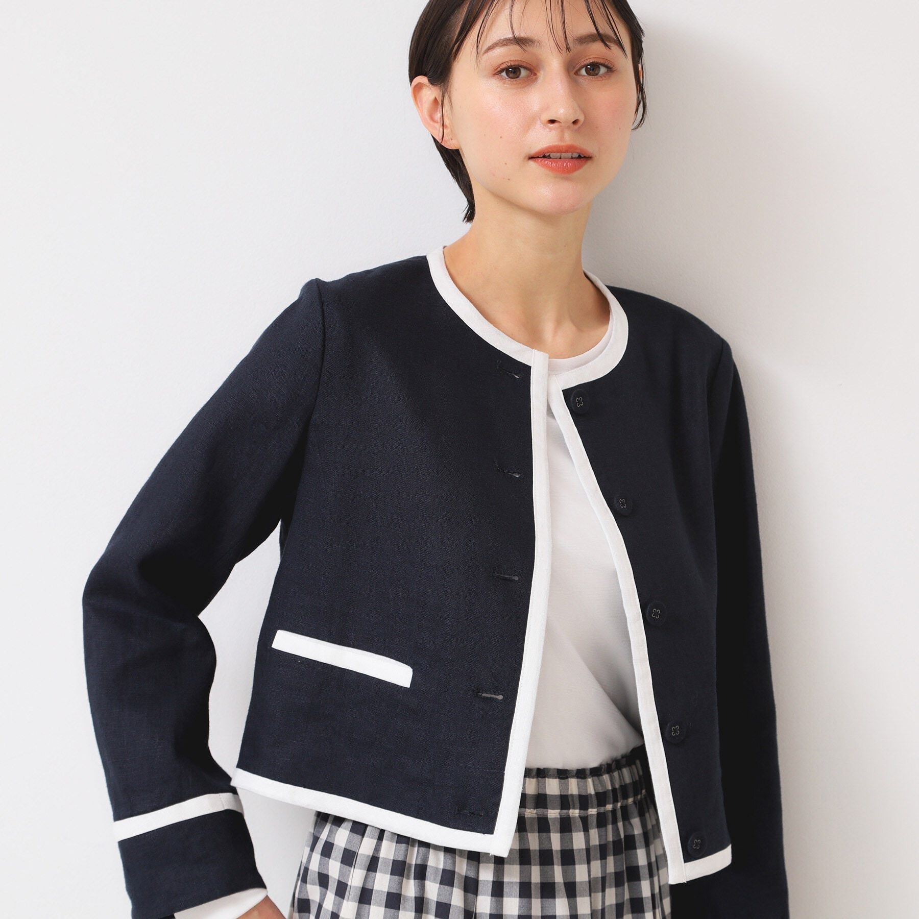 Dessin「【セットアップ可能・洗える】配色クルーネック麻ジャケット」|ノーカラージャケット|