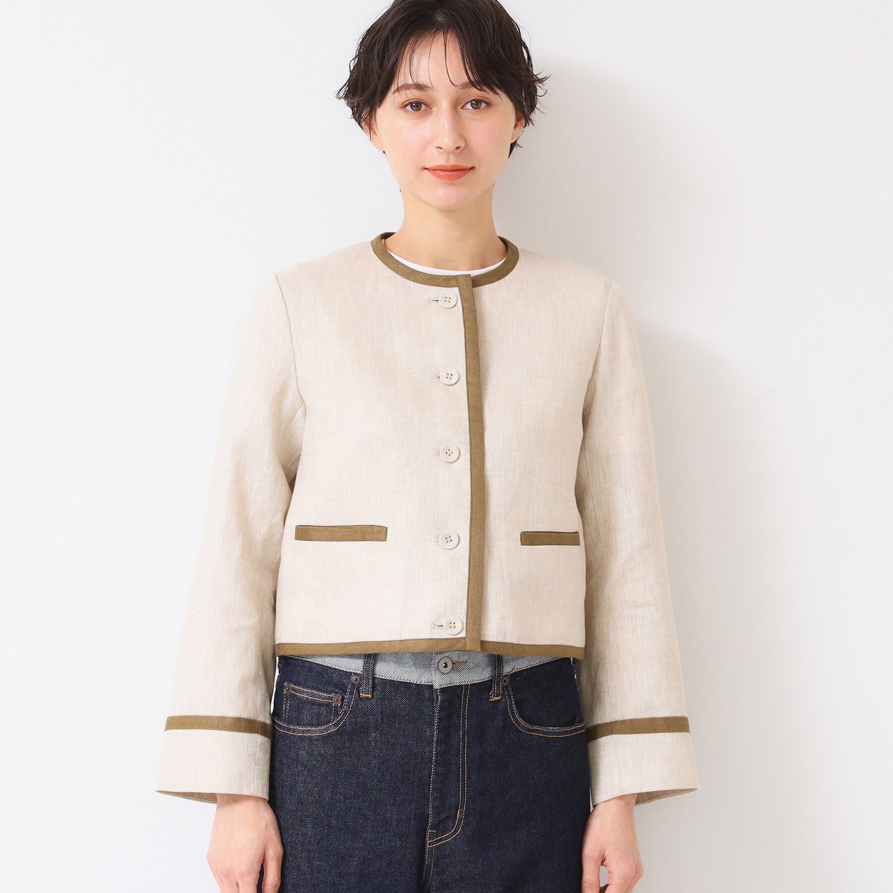 Dessin「【セットアップ可能・洗える】配色クルーネック麻ジャケット」|ノーカラージャケット|