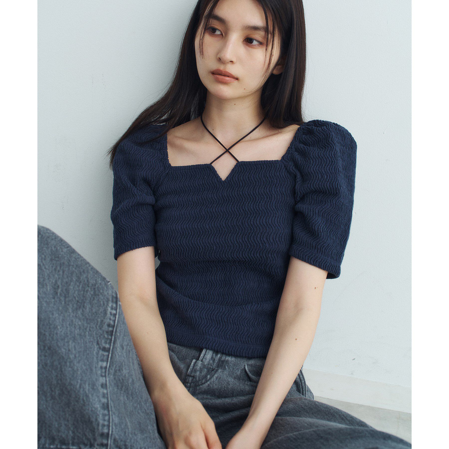 CODE A「gather puff jersey tops」|Tシャツ・カットソー|ネイビー(094)
