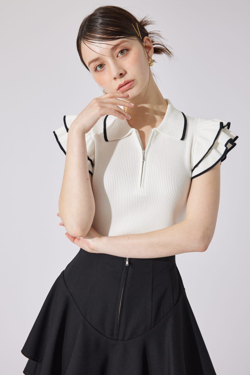 rienda「ハーフジップフリルショルダーニットトップス」|ニット・セーター|