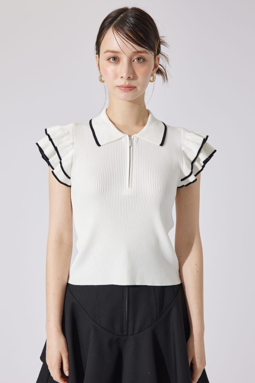 rienda「ハーフジップフリルショルダーニットトップス」|ニット・セーター|