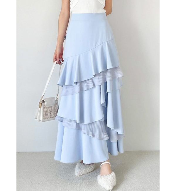RESEXXY「プリーツヘムラッフルフレアスカート」|スカート|ブルー