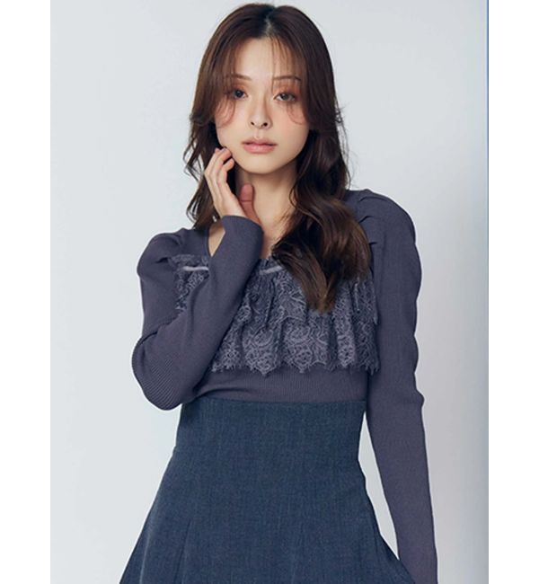 MERCURYDUO「異素材レースフリルニット」|ニット・セーター|チャコールグレー