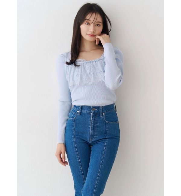 MERCURYDUO「異素材レースフリルニット」|ニット・セーター|アイスブルー