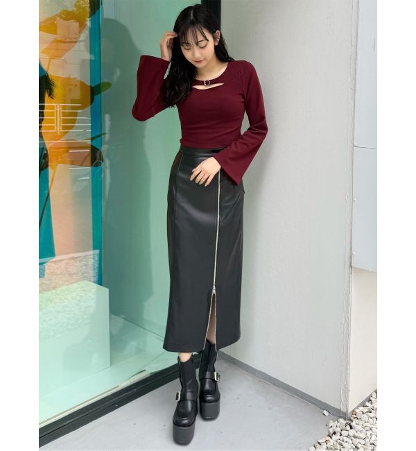 MURUA「ZIPスリットフェイクレザーナロースカート」|スカート|